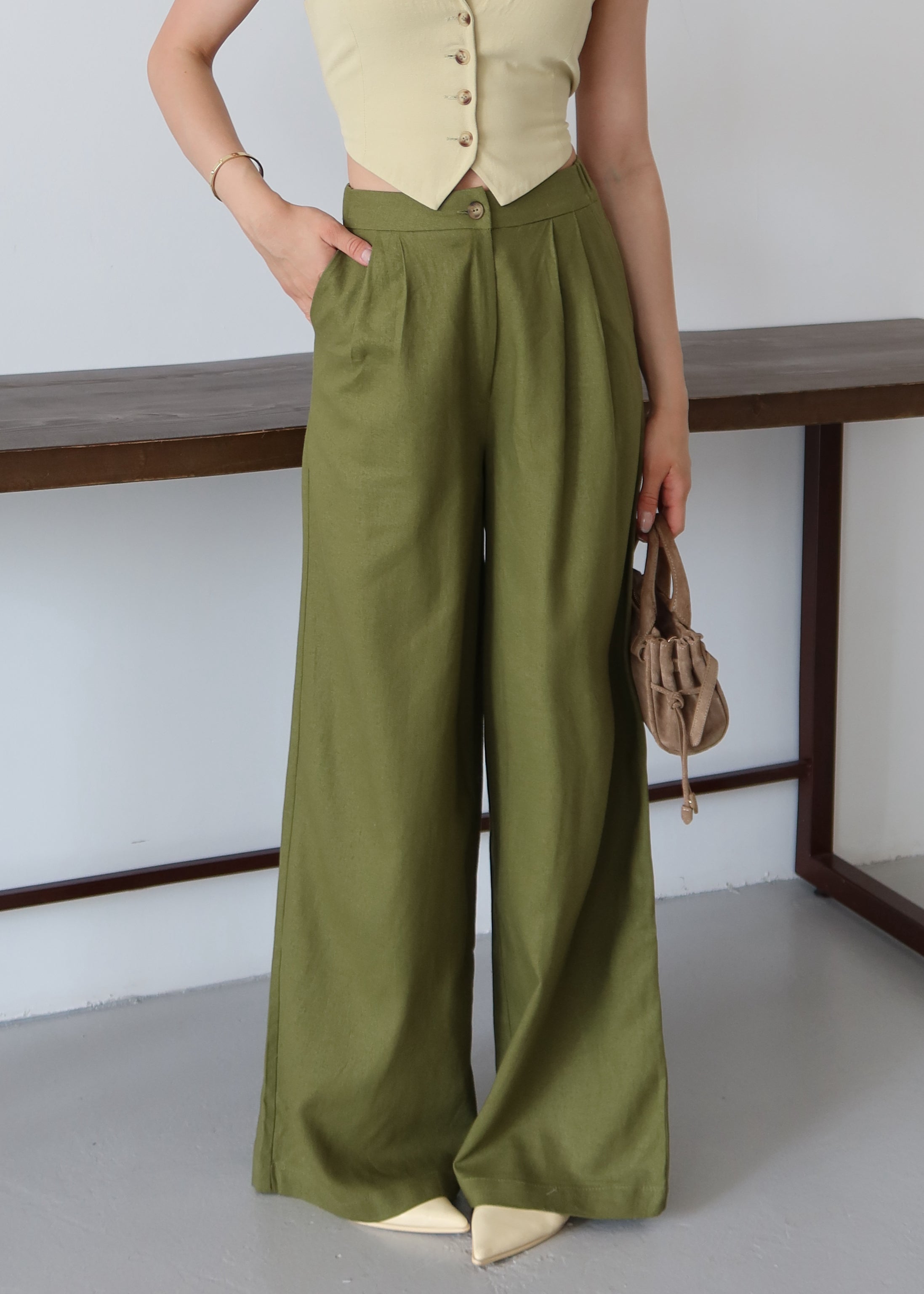 Yaz Yeşili %100 Organik Keten Yüksek Bel Pantolon