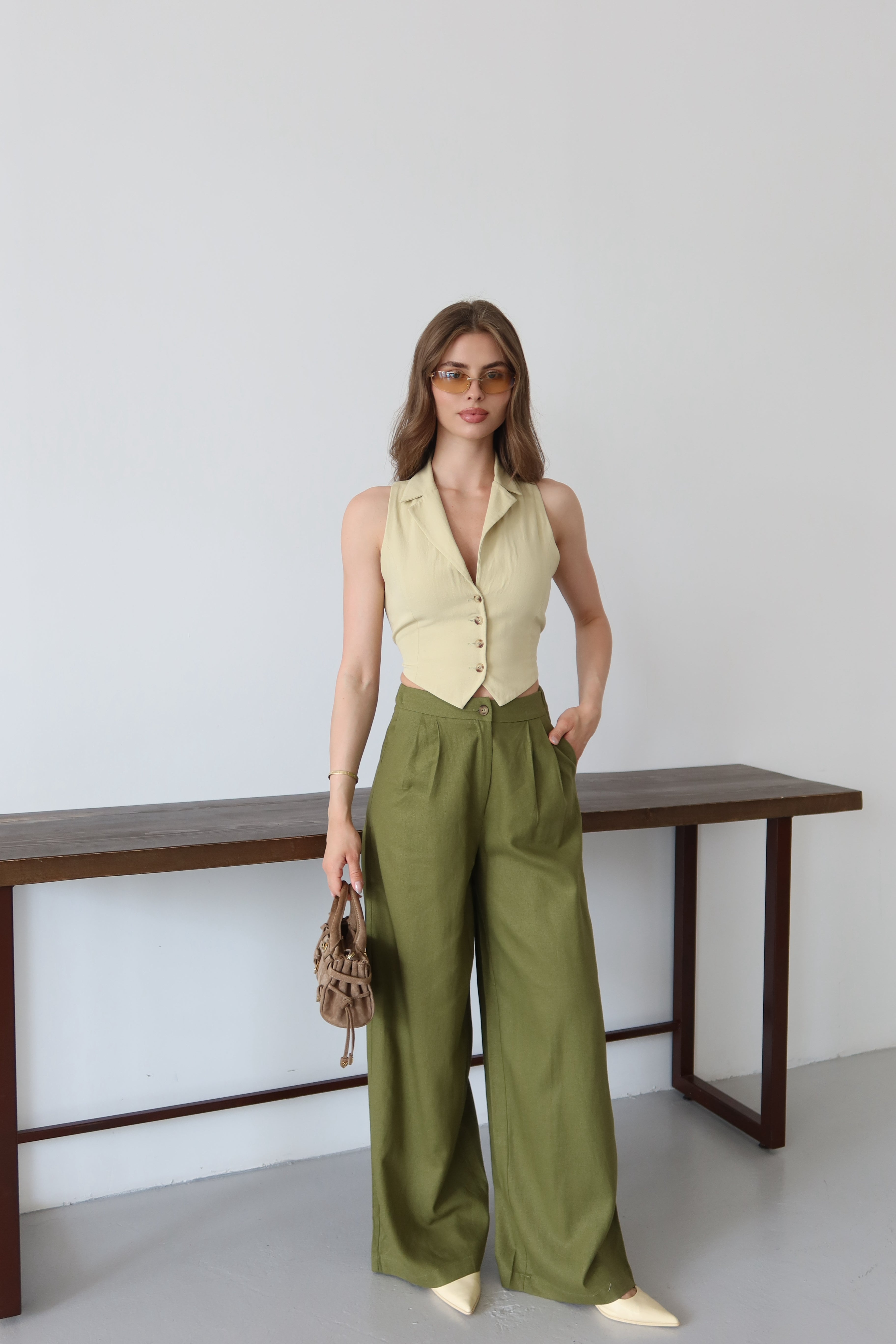 Yaz Yeşili %100 Organik Keten Yüksek Bel Pantolon