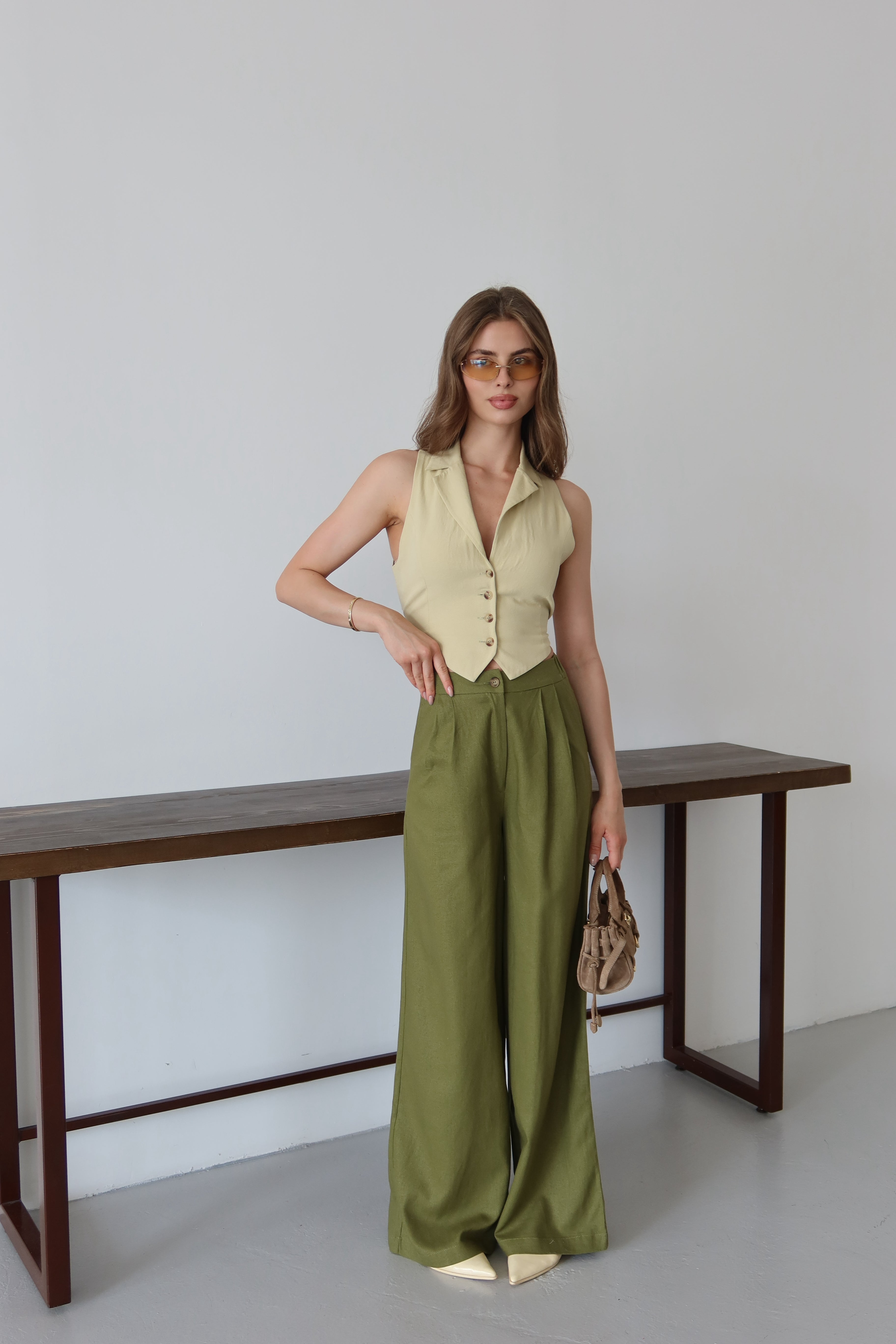 Yaz Yeşili %100 Organik Keten Yüksek Bel Pantolon