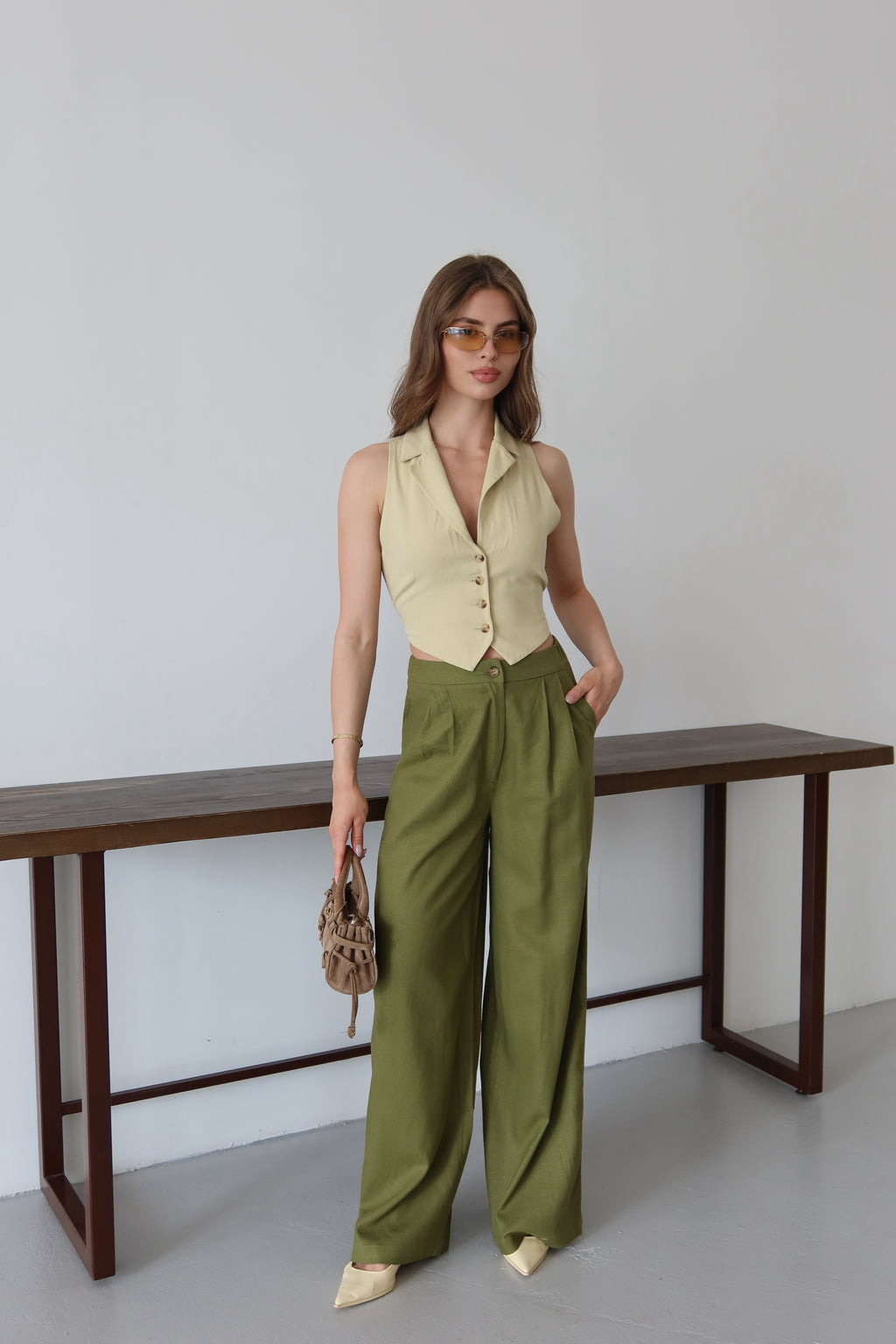 Yaz Yeşili %100 Organik Keten Yüksek Bel Pantolon