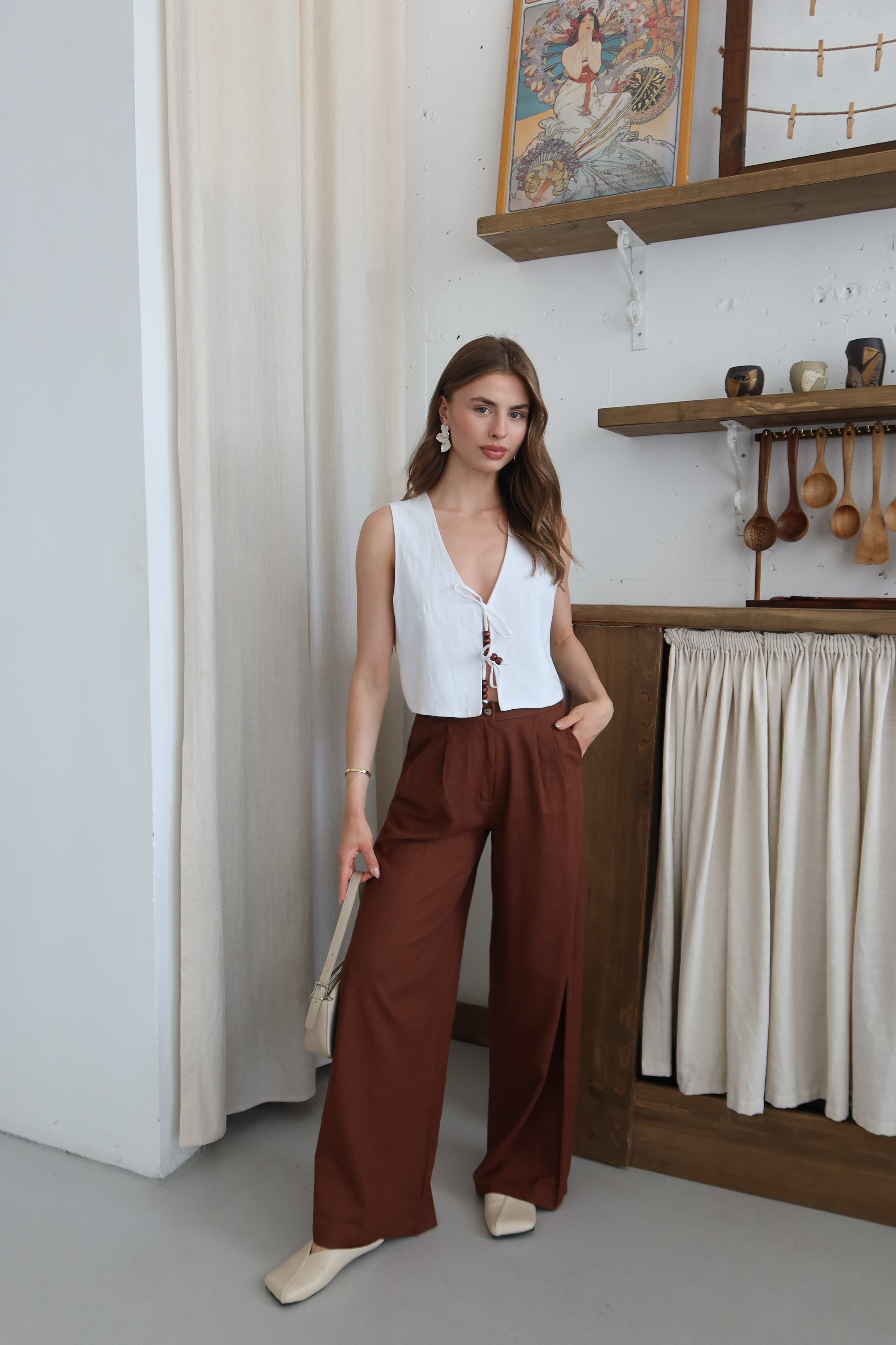 Terracotta %100 Organik Keten Yüksek Bel Pantolon