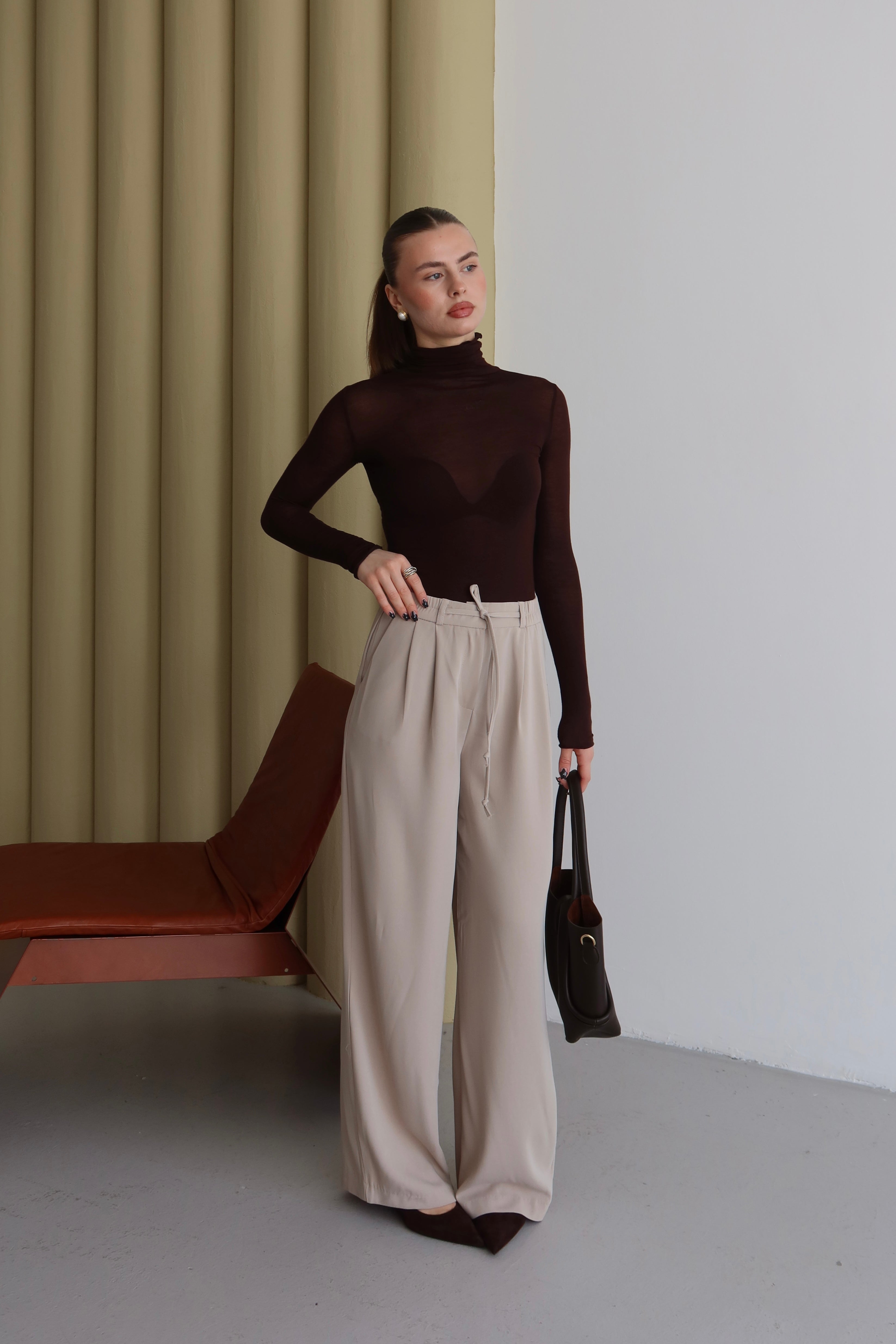 Bej Premium Kumaş Yüksek Bel Palazzo Pantolon