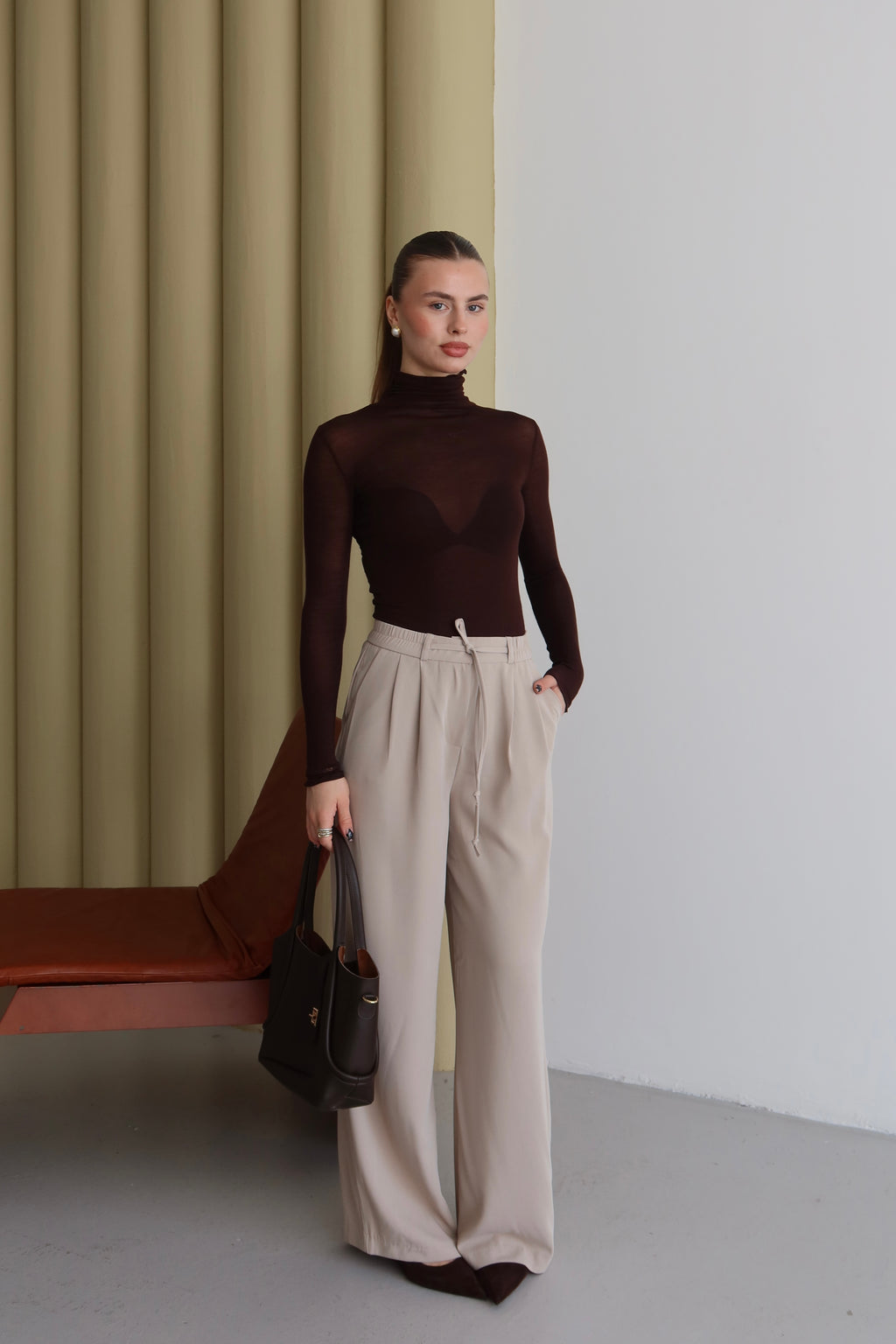 Bej Premium Kumaş Yüksek Bel Palazzo Pantolon