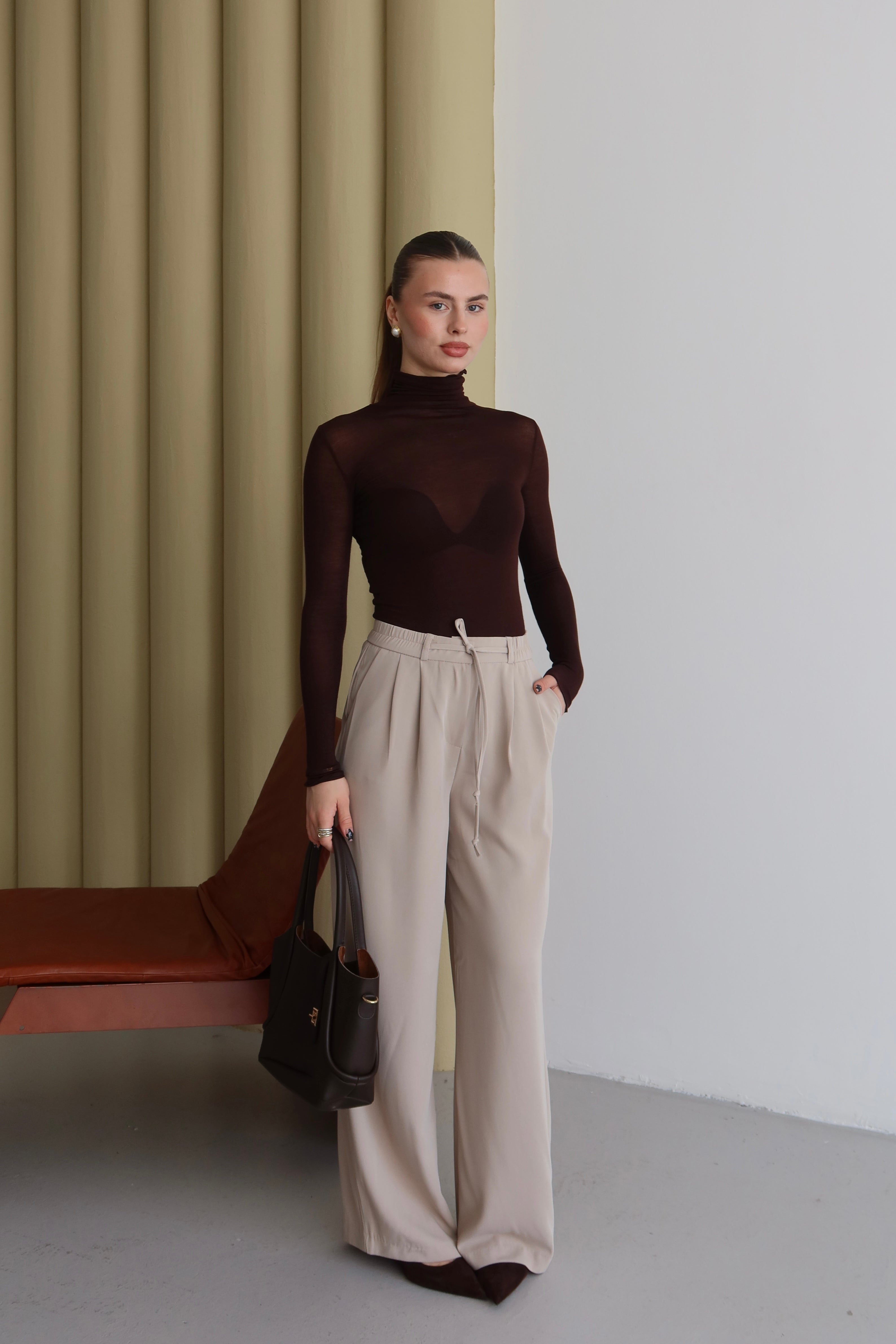 Bej Premium Kumaş Yüksek Bel Palazzo Pantolon