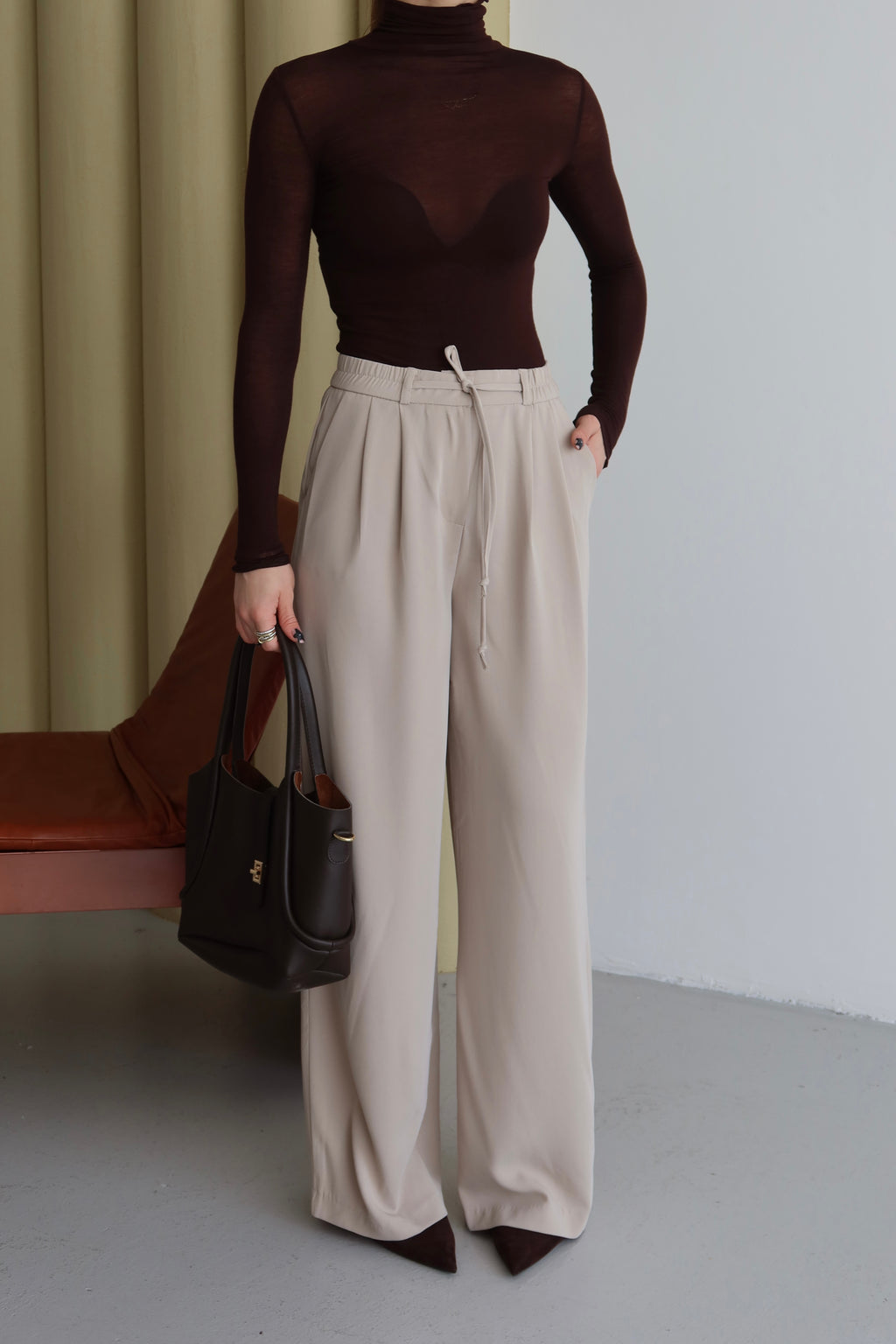 Bej Premium Kumaş Yüksek Bel Palazzo Pantolon