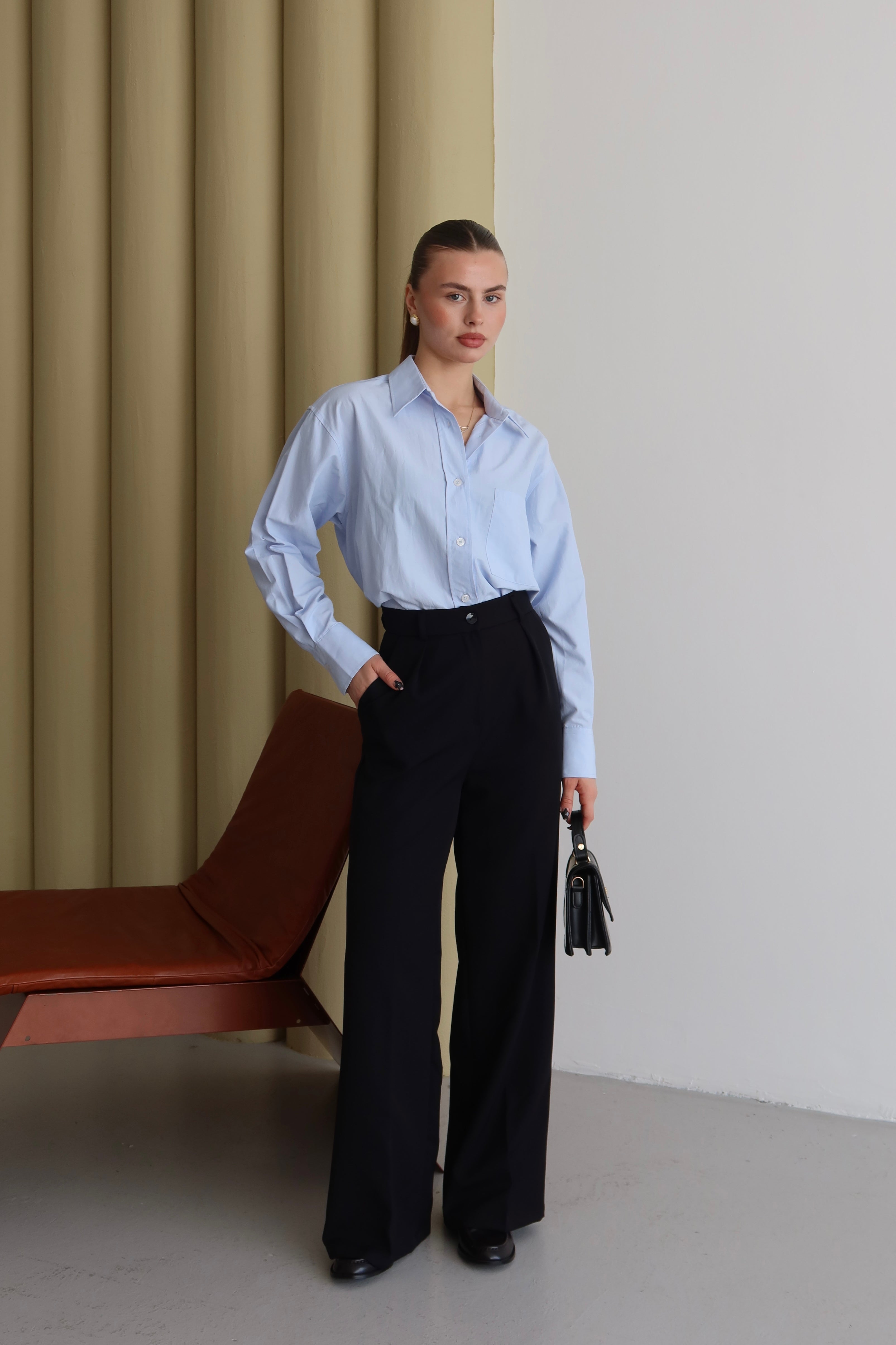 Siyah Yüksek Bel Bol Kesim Premium Palazzo Pantolon