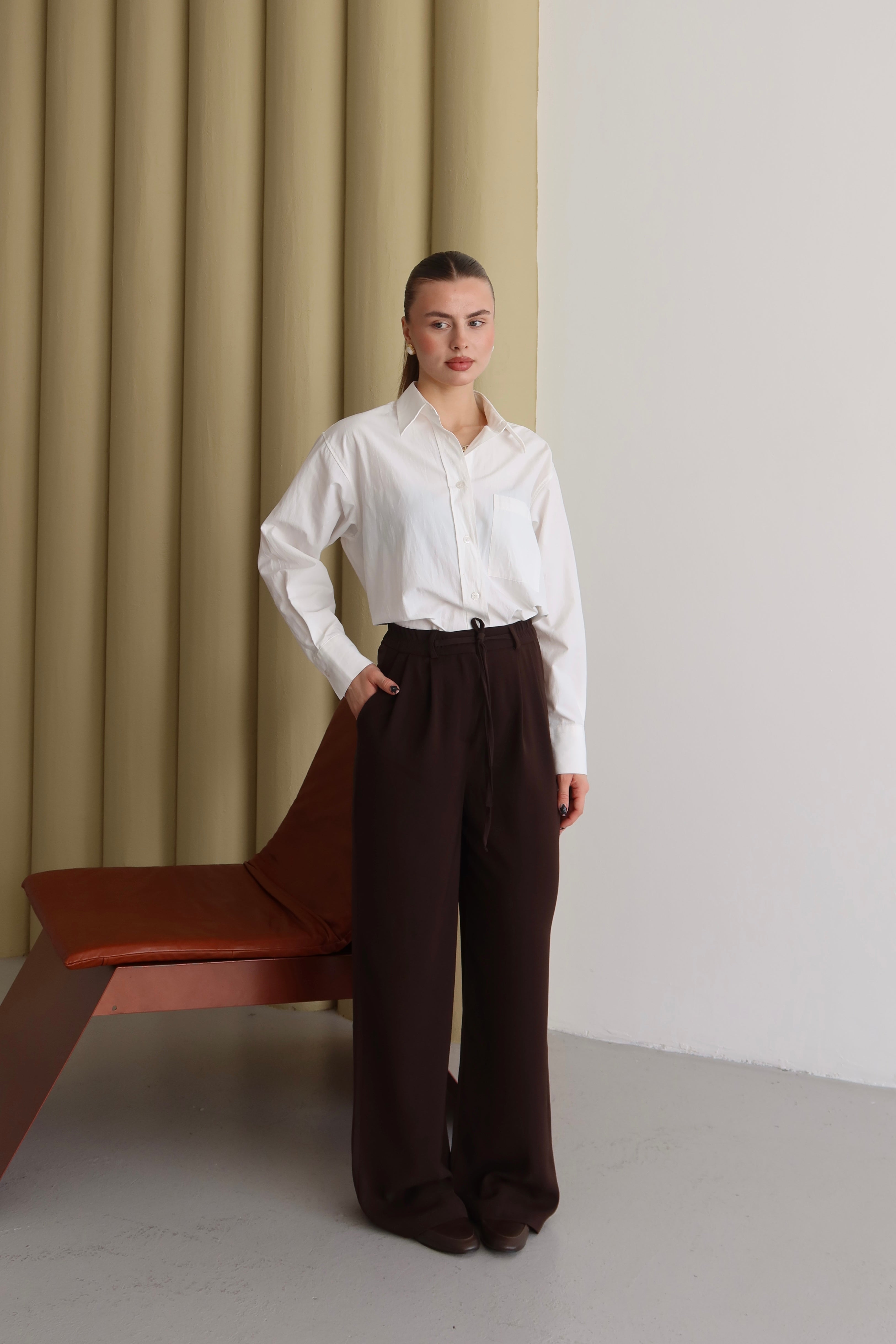 Kahve Premium Kumaş Yüksek Bel Palazzo Pantolon