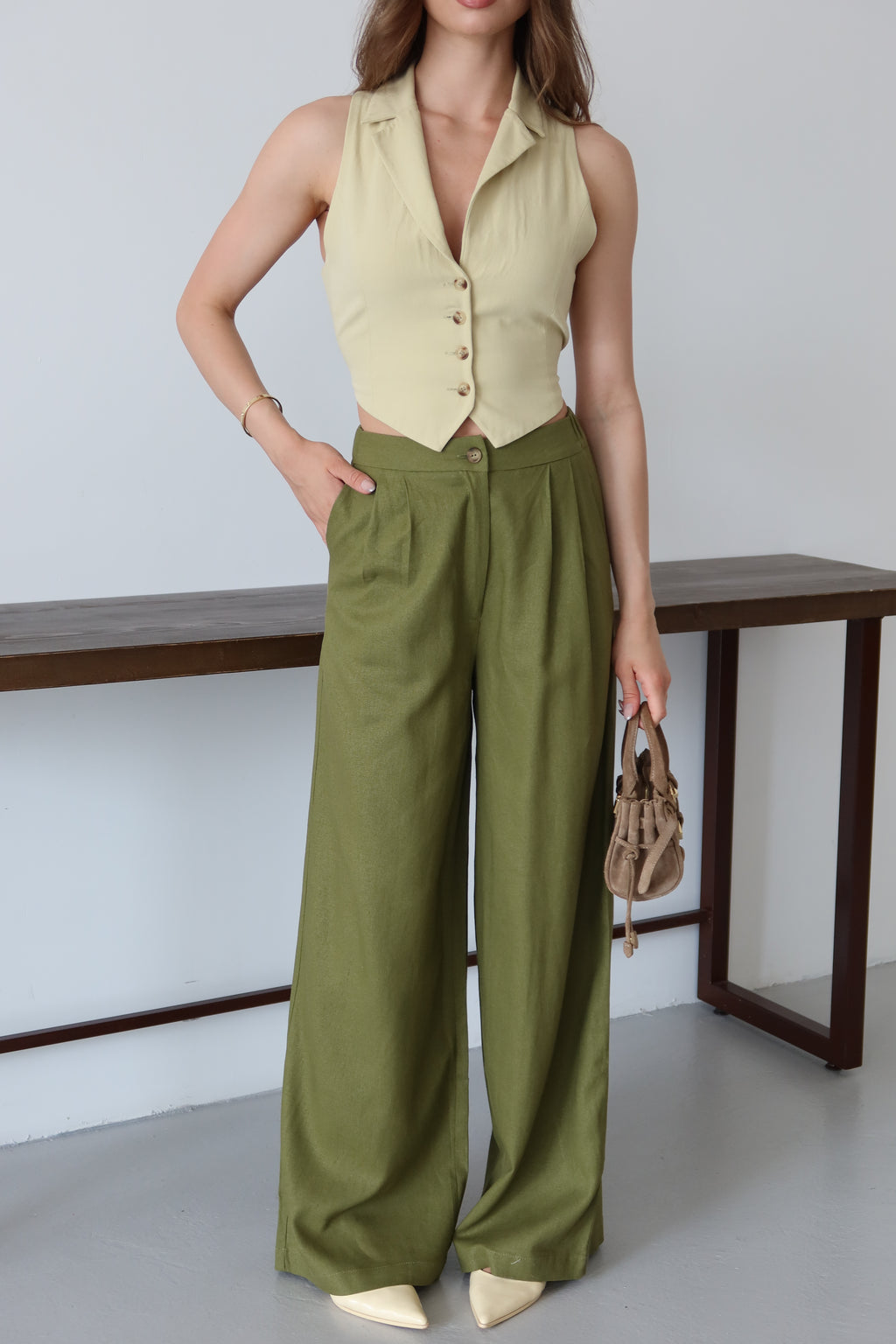 Yaz Yeşili %100 Organik Keten Yüksek Bel Pantolon