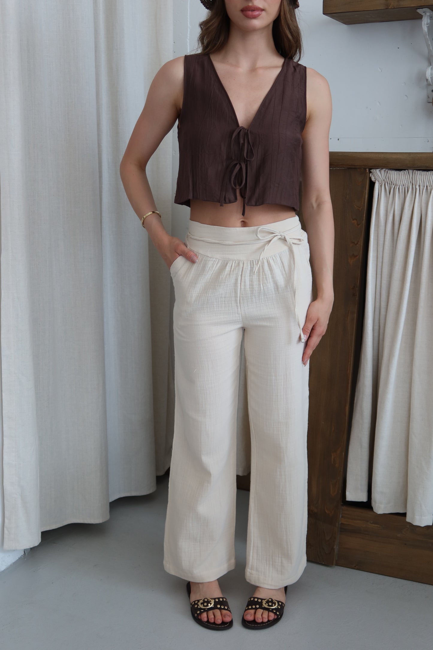 Bej %100 Organik Pamuk Müslin Pantolon