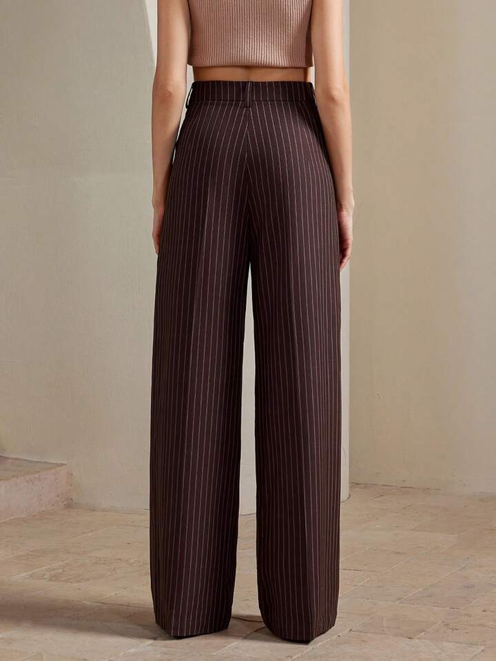 Çizgili Kahve Premium Kumaş Yüksek Bel Bol Kesim Palazzo Pantolon