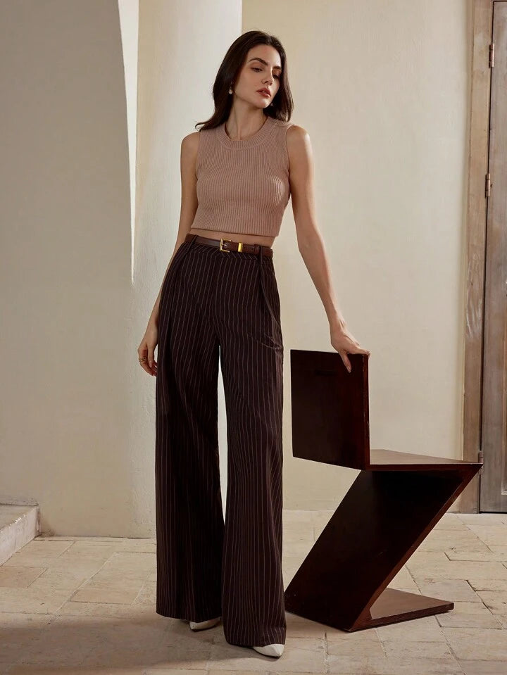 Çizgili Kahve Premium Kumaş Yüksek Bel Bol Kesim Palazzo Pantolon