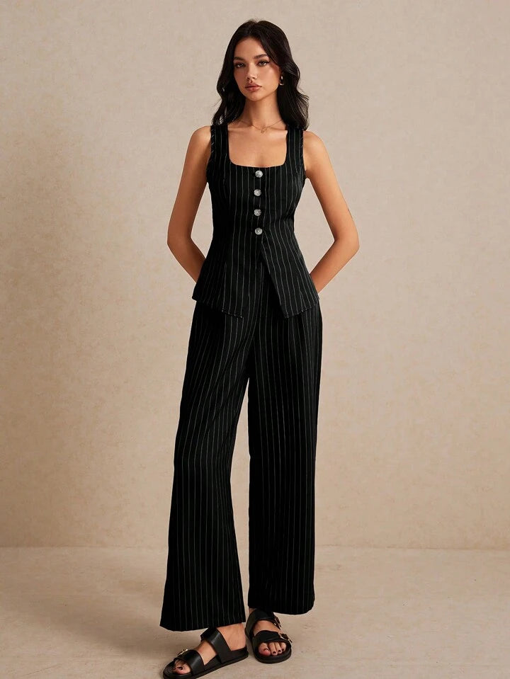 Siyah Çizgili Premium Kumaş Yelek-Pantolon Takım