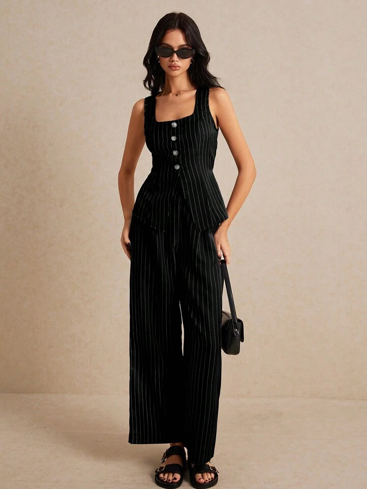 Siyah Çizgili Premium Kumaş Yelek-Pantolon Takım