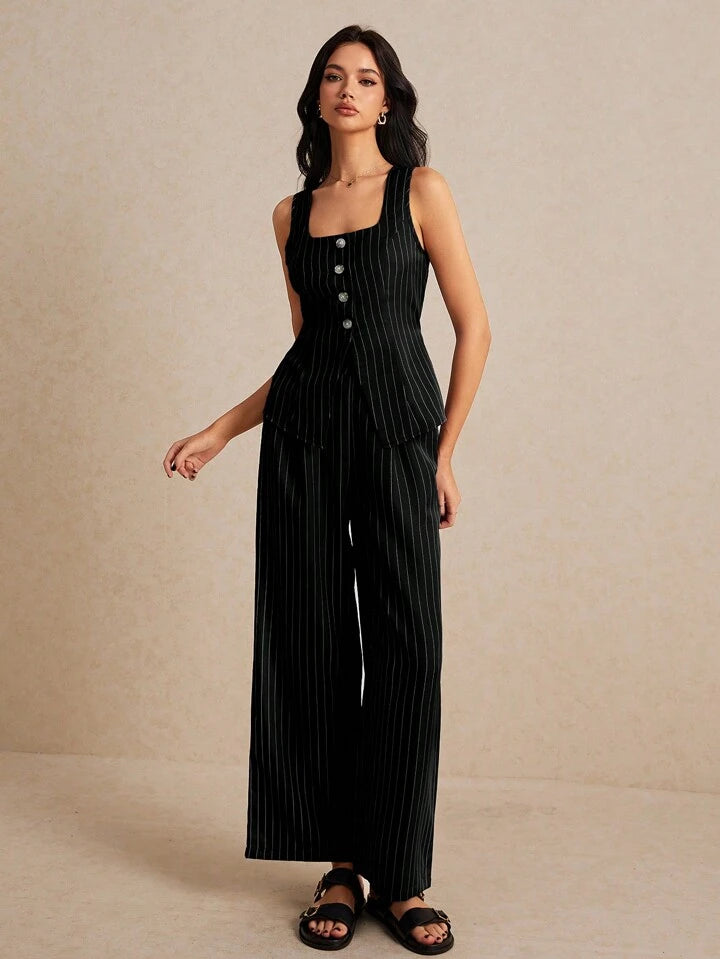 Siyah Çizgili Premium Kumaş Yelek-Pantolon Takım