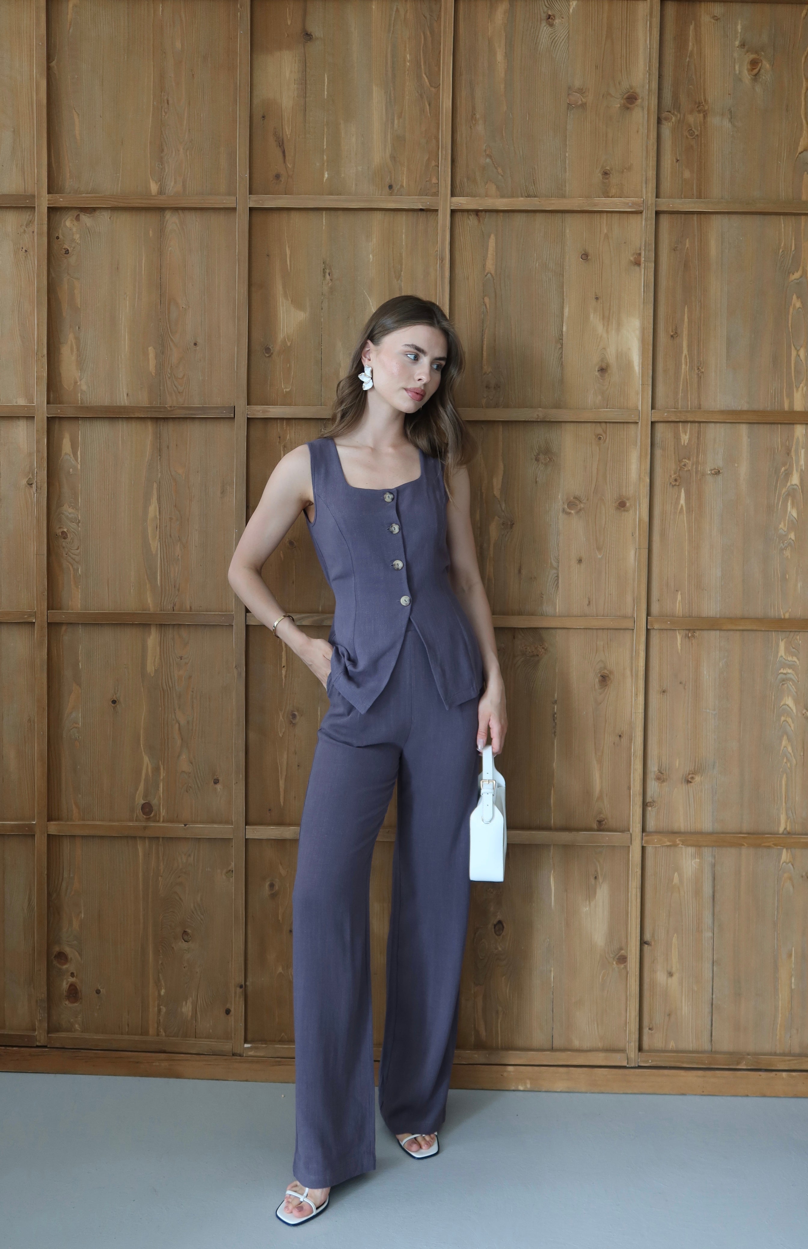 Antrasit %100 Organik Keten Premium Yelek-Pantolon Takım