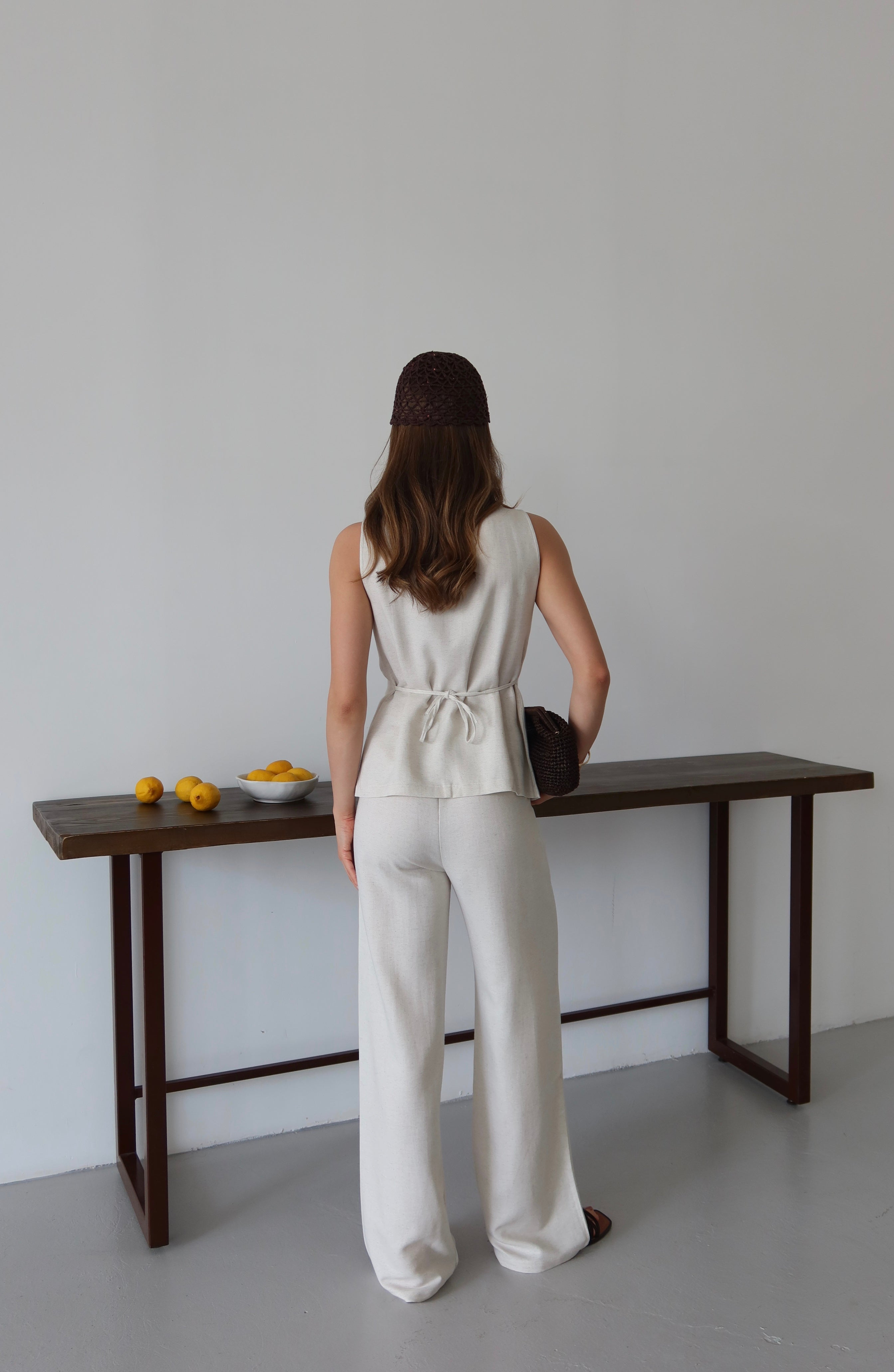 Bej Keten %100 Organik Keten Premium Yelek-Pantolon Takım