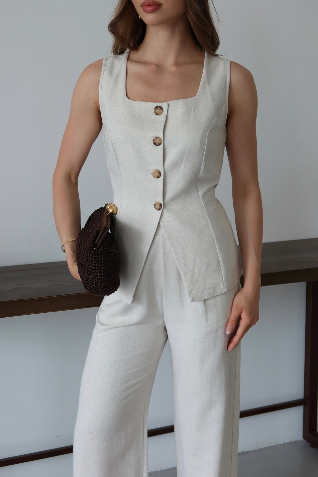 Bej Keten %100 Organik Keten Premium Yelek-Pantolon Takım