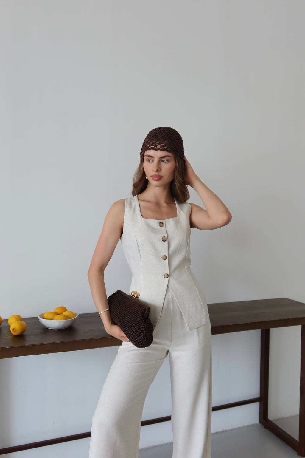 Bej Keten %100 Organik Keten Premium Yelek-Pantolon Takım