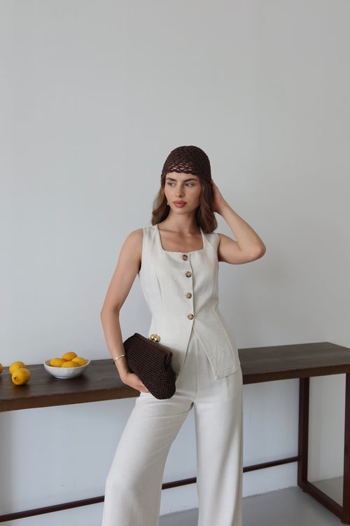 Bej Keten %100 Organik Keten Premium Yelek-Pantolon Takım