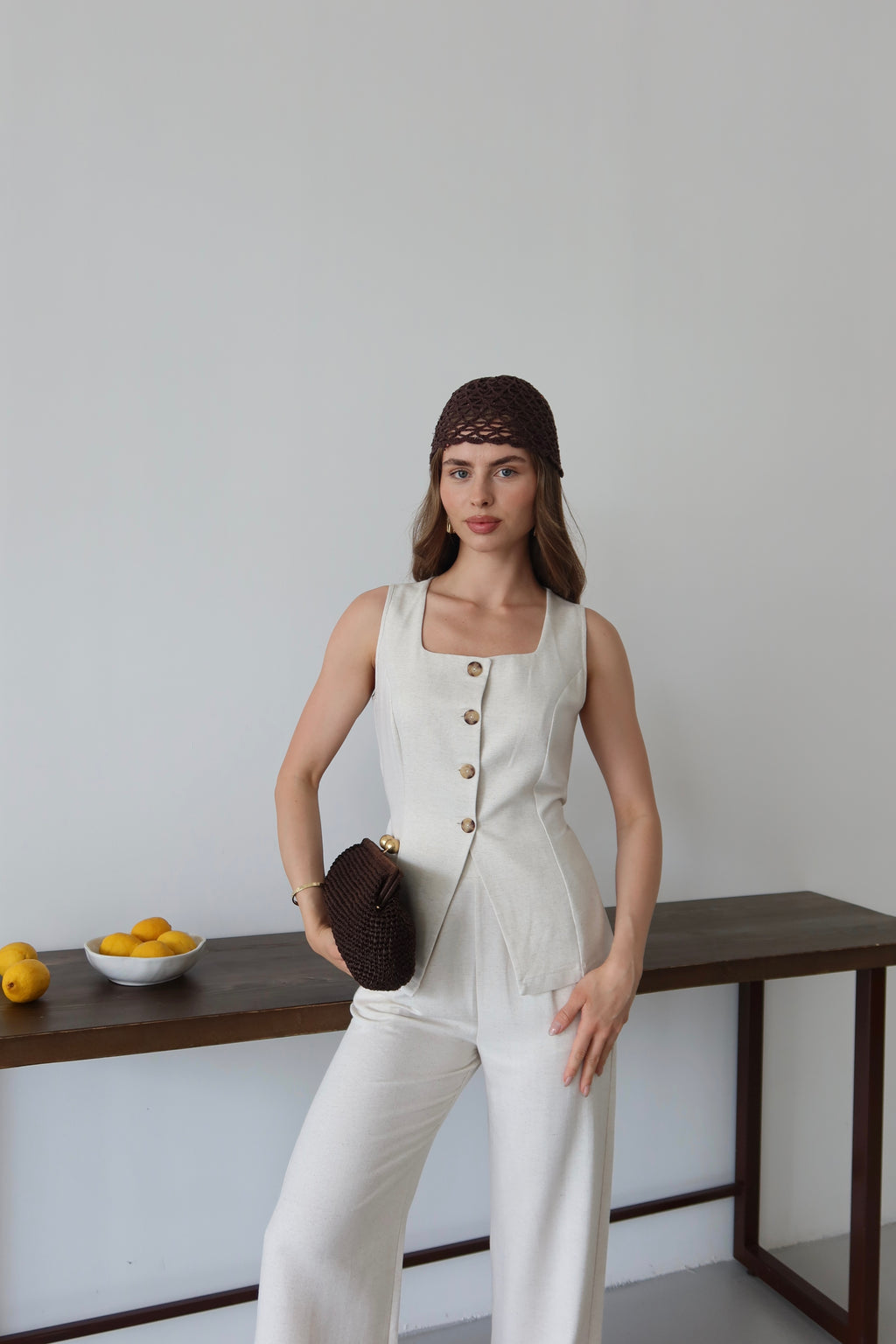 Bej Keten %100 Organik Keten Premium Yelek-Pantolon Takım