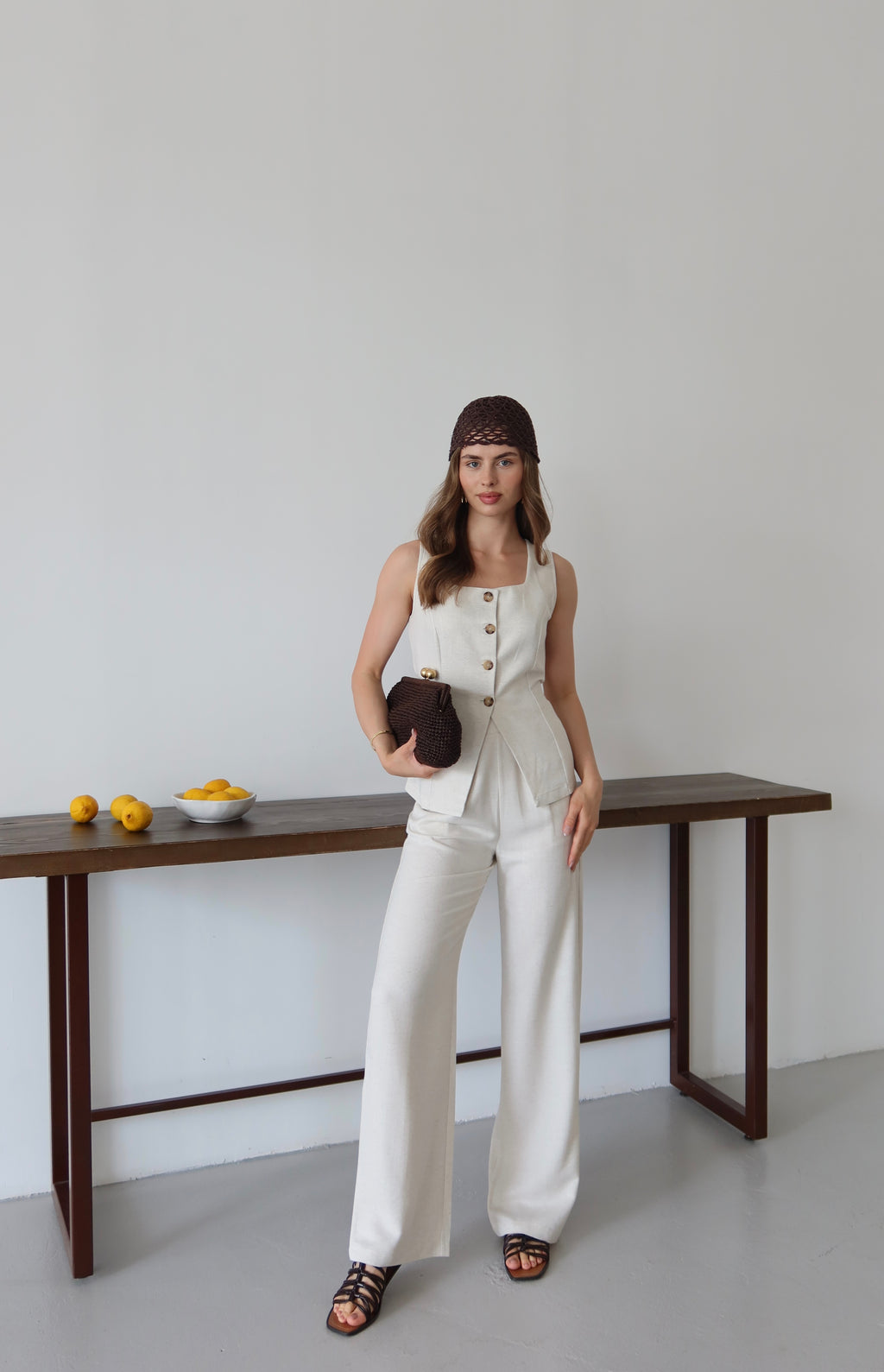 Bej Keten %100 Organik Keten Premium Yelek-Pantolon Takım