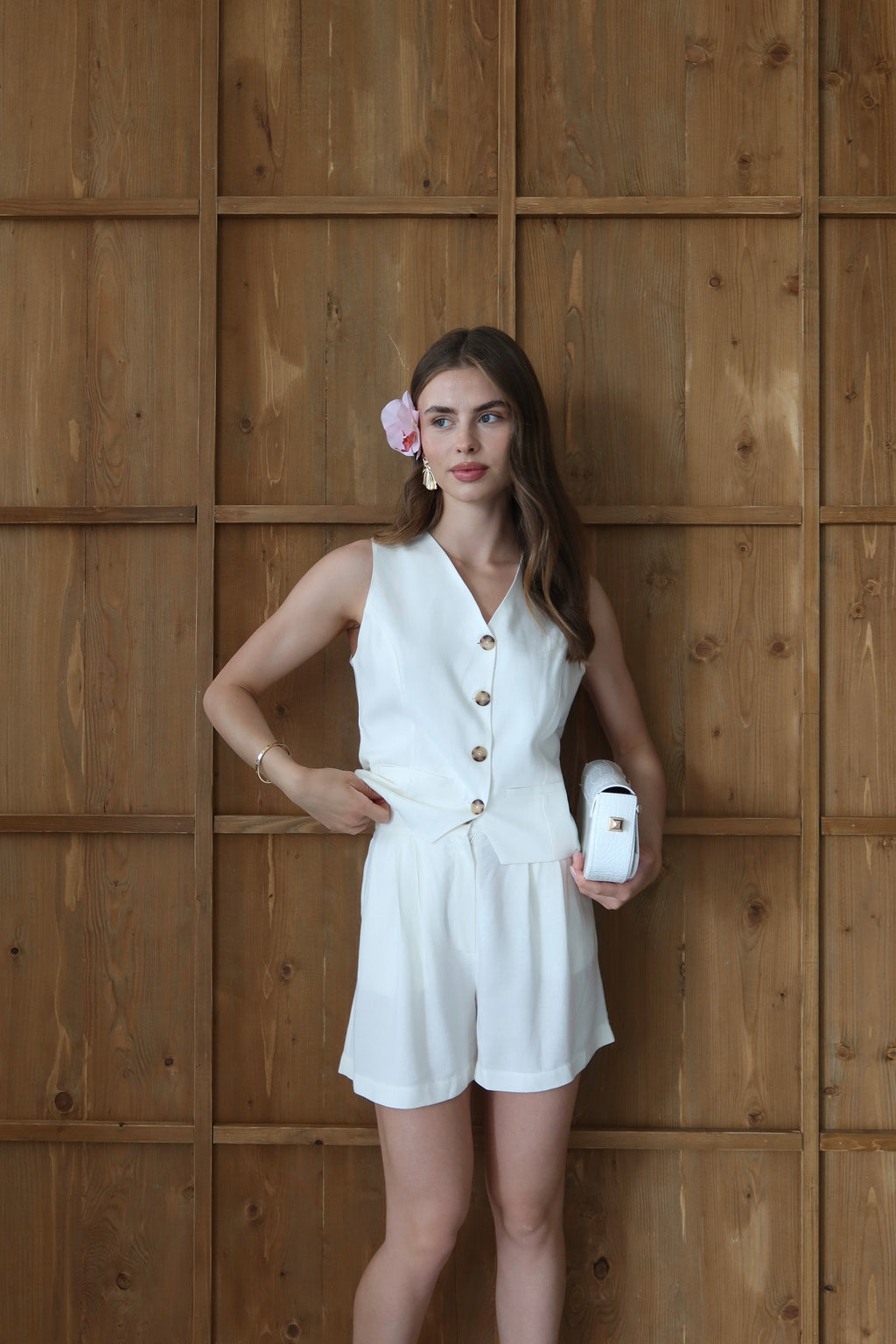 Beyaz %100 Organik Keten Yelek-Şort Takım