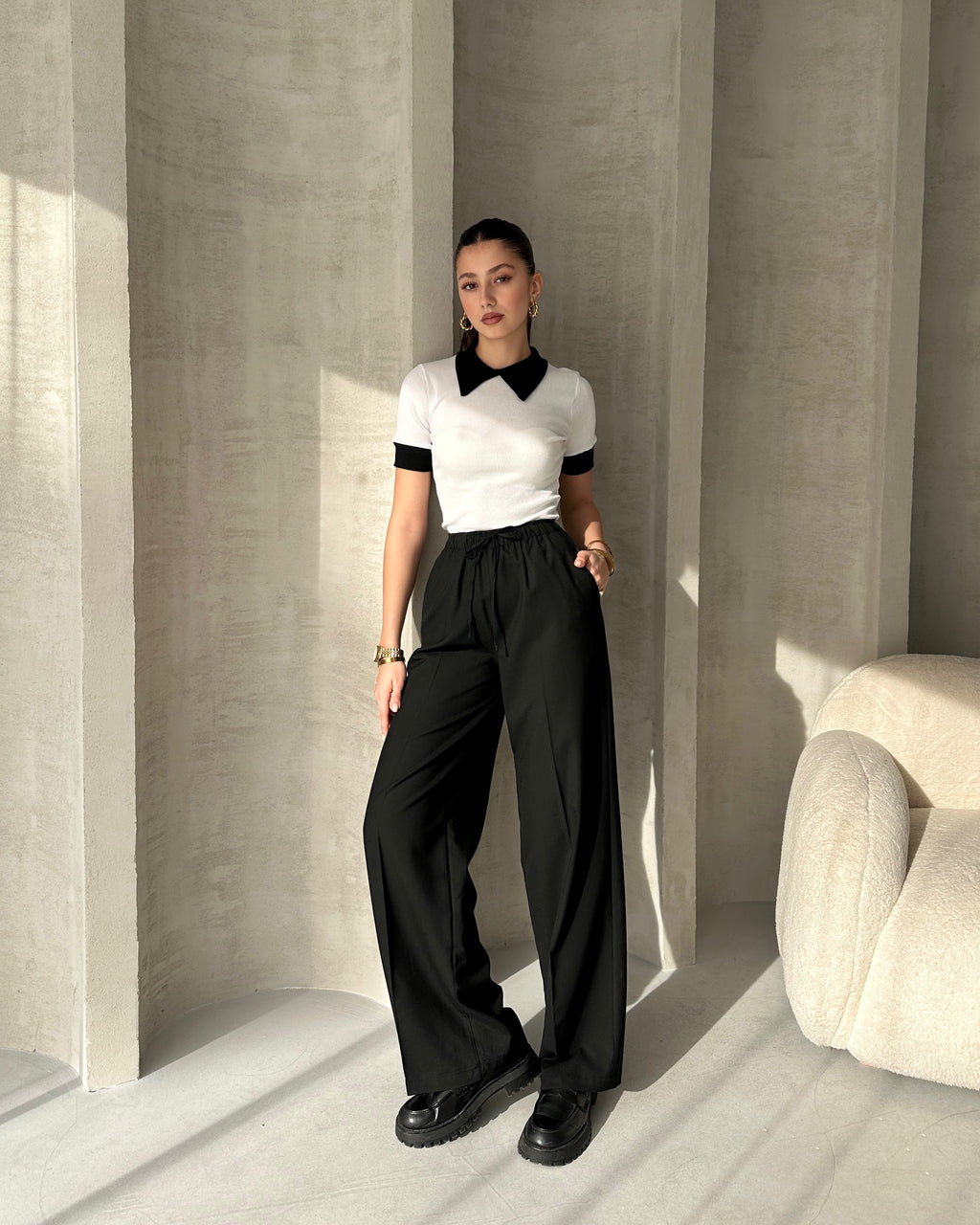 Bohem Siyah Yüksek Bel Bol Kesim Şık Pantolon