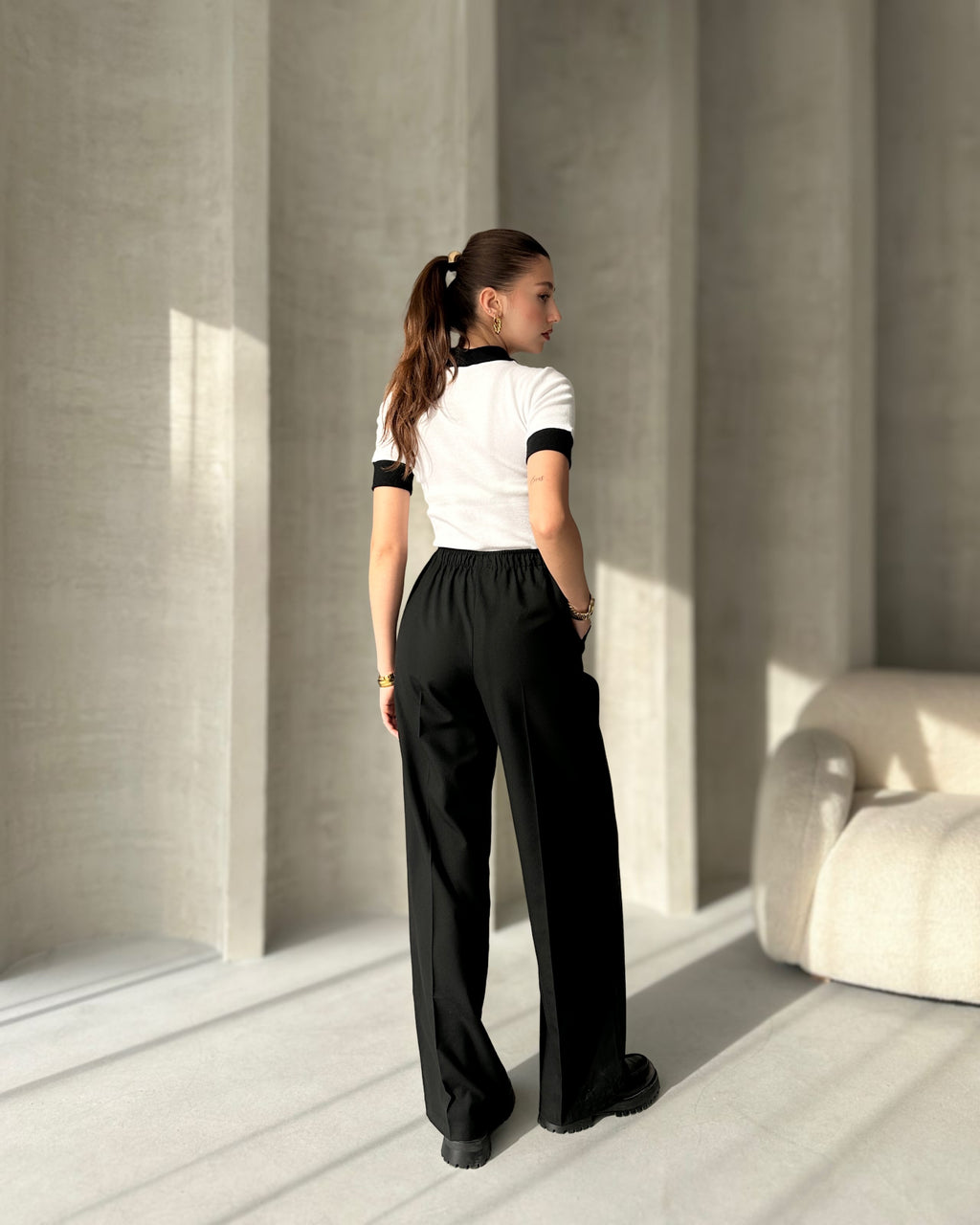 Bohem Siyah Yüksek Bel Bol Kesim Şık Pantolon