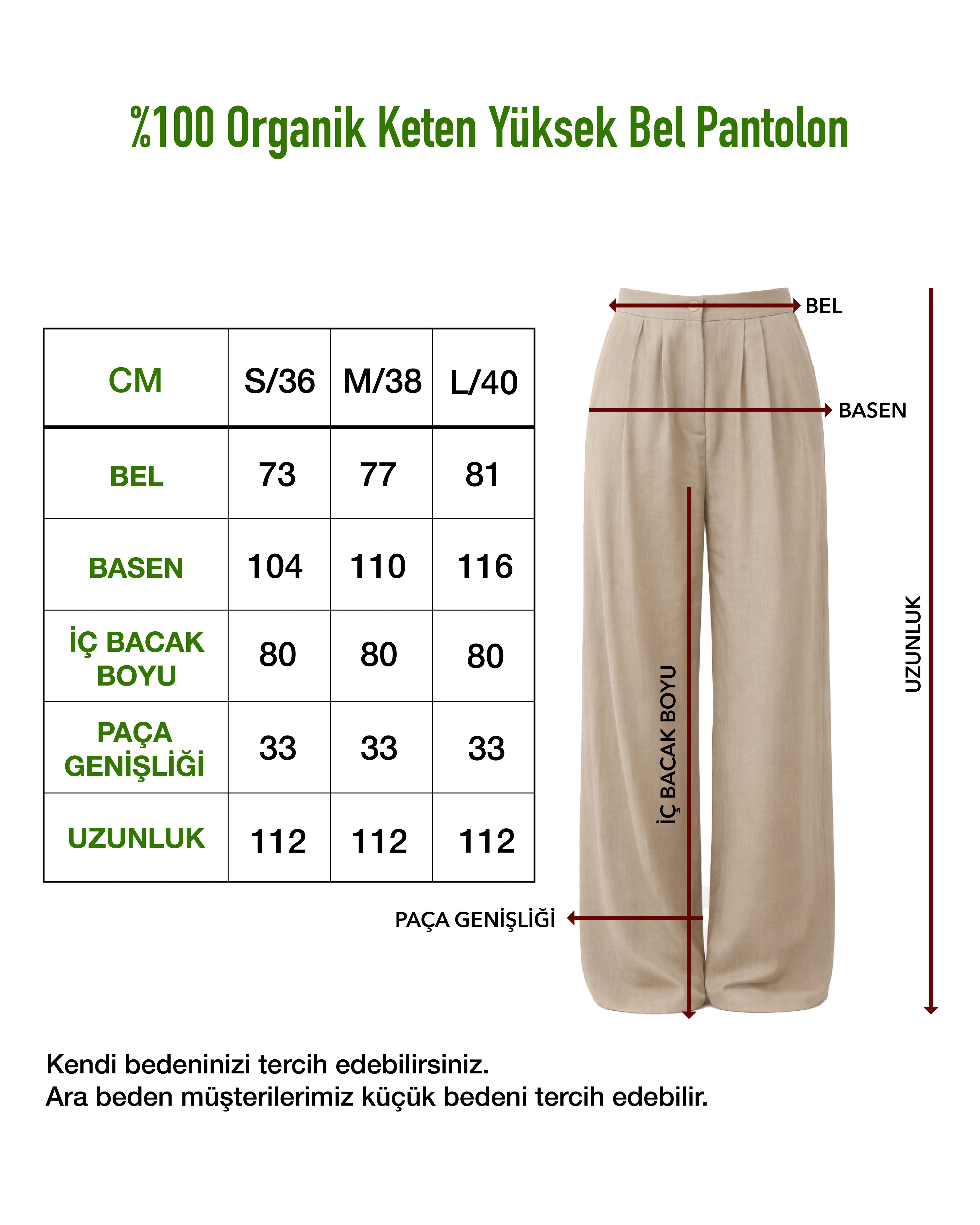 Bej %100 Organik Keten Yüksek Bel Pantolon