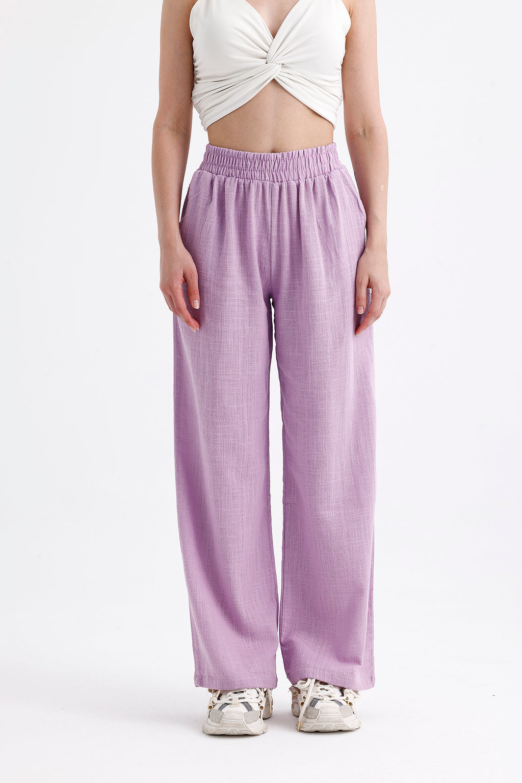 Lila Yüksek Bel Bol Kesim Keten Pantolon