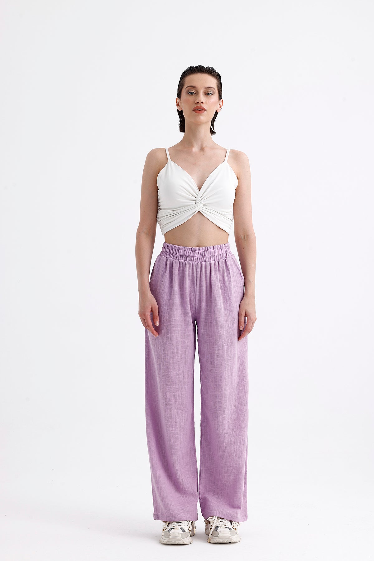 Lila Yüksek Bel Bol Kesim Keten Pantolon