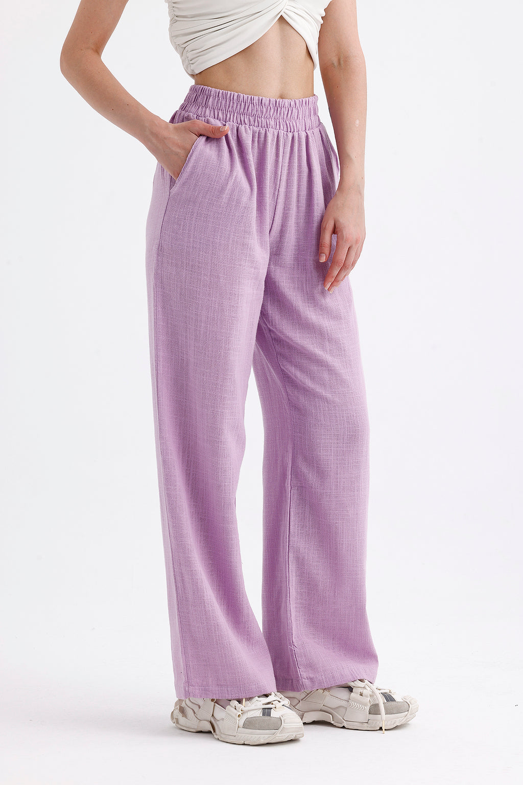 Lila Yüksek Bel Bol Kesim Keten Pantolon
