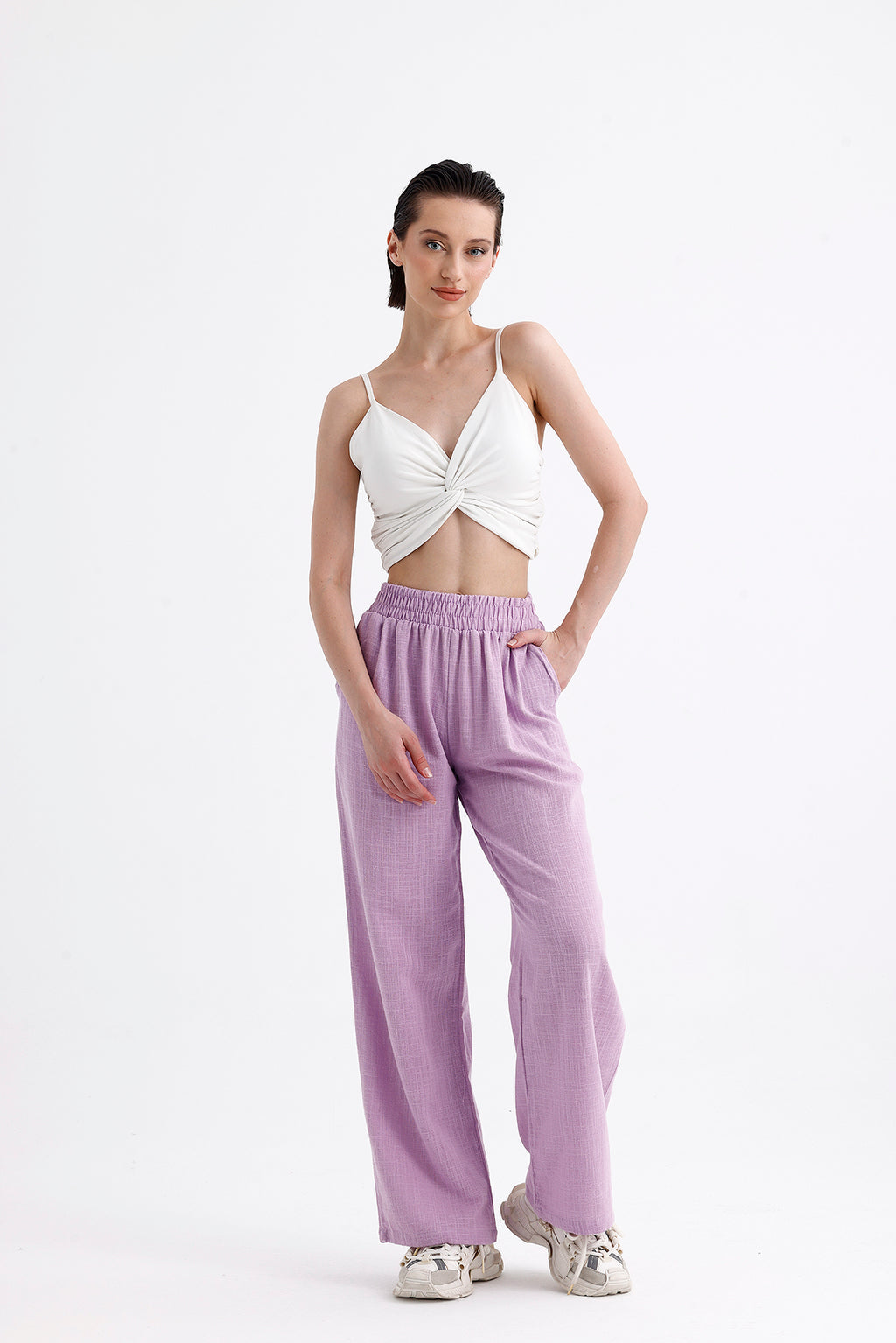 Lila Yüksek Bel Bol Kesim Keten Pantolon