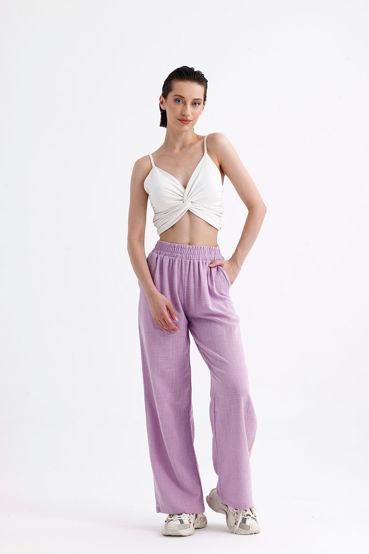 Lila Yüksek Bel Bol Kesim Keten Pantolon