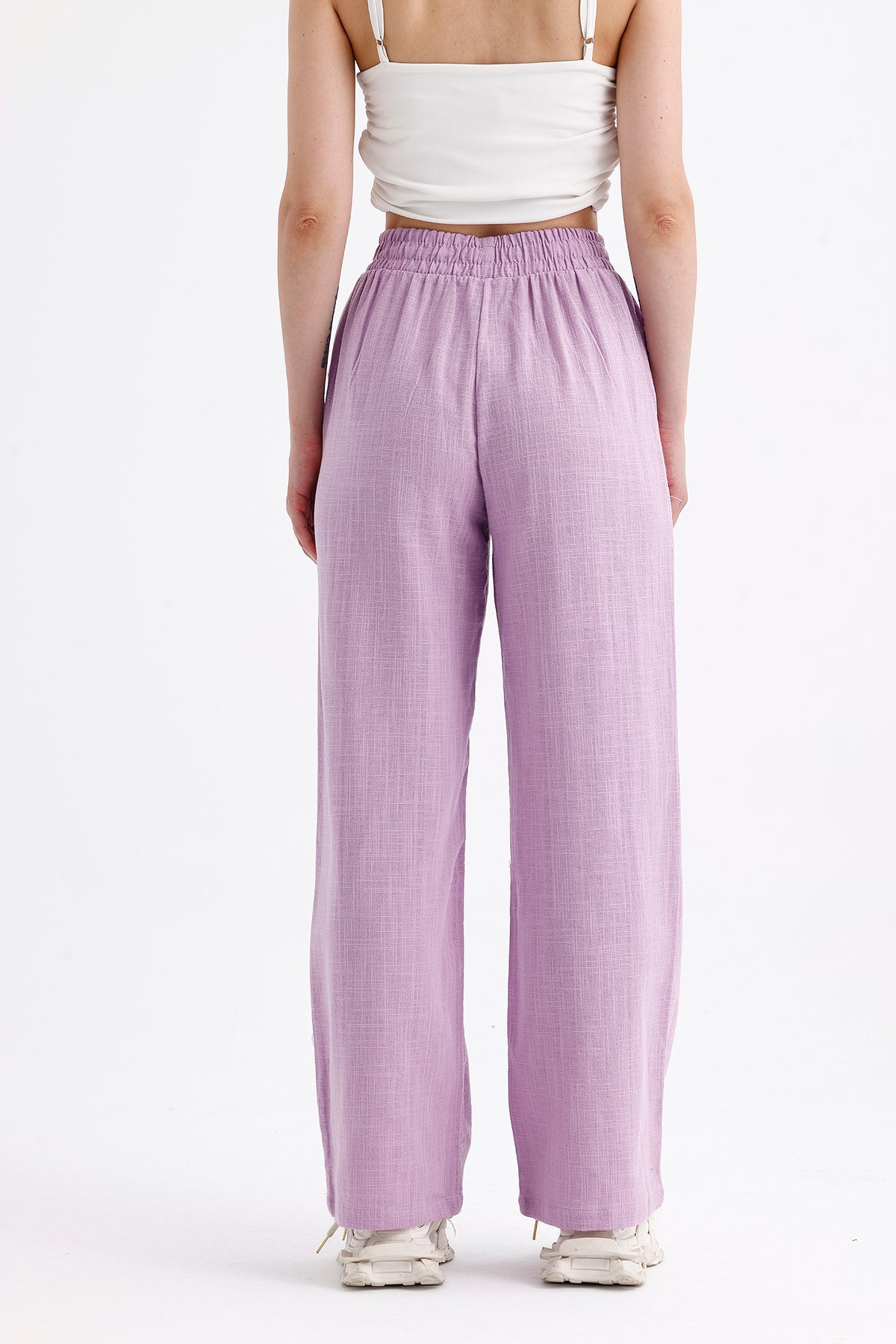 Lila Yüksek Bel Bol Kesim Keten Pantolon