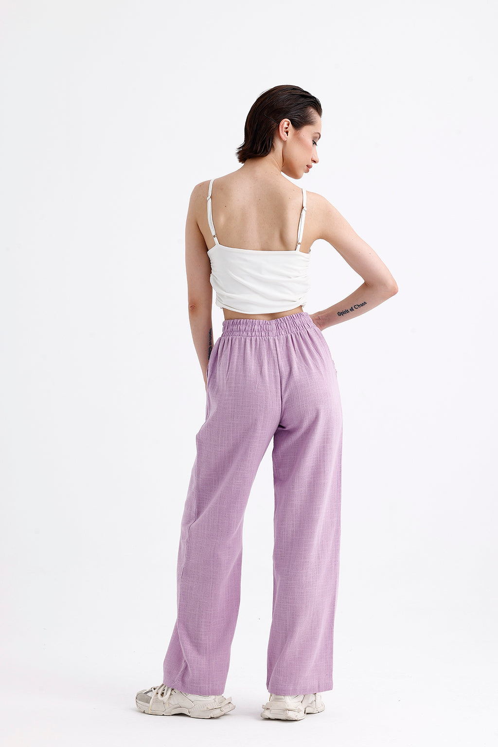 Lila Yüksek Bel Bol Kesim Keten Pantolon