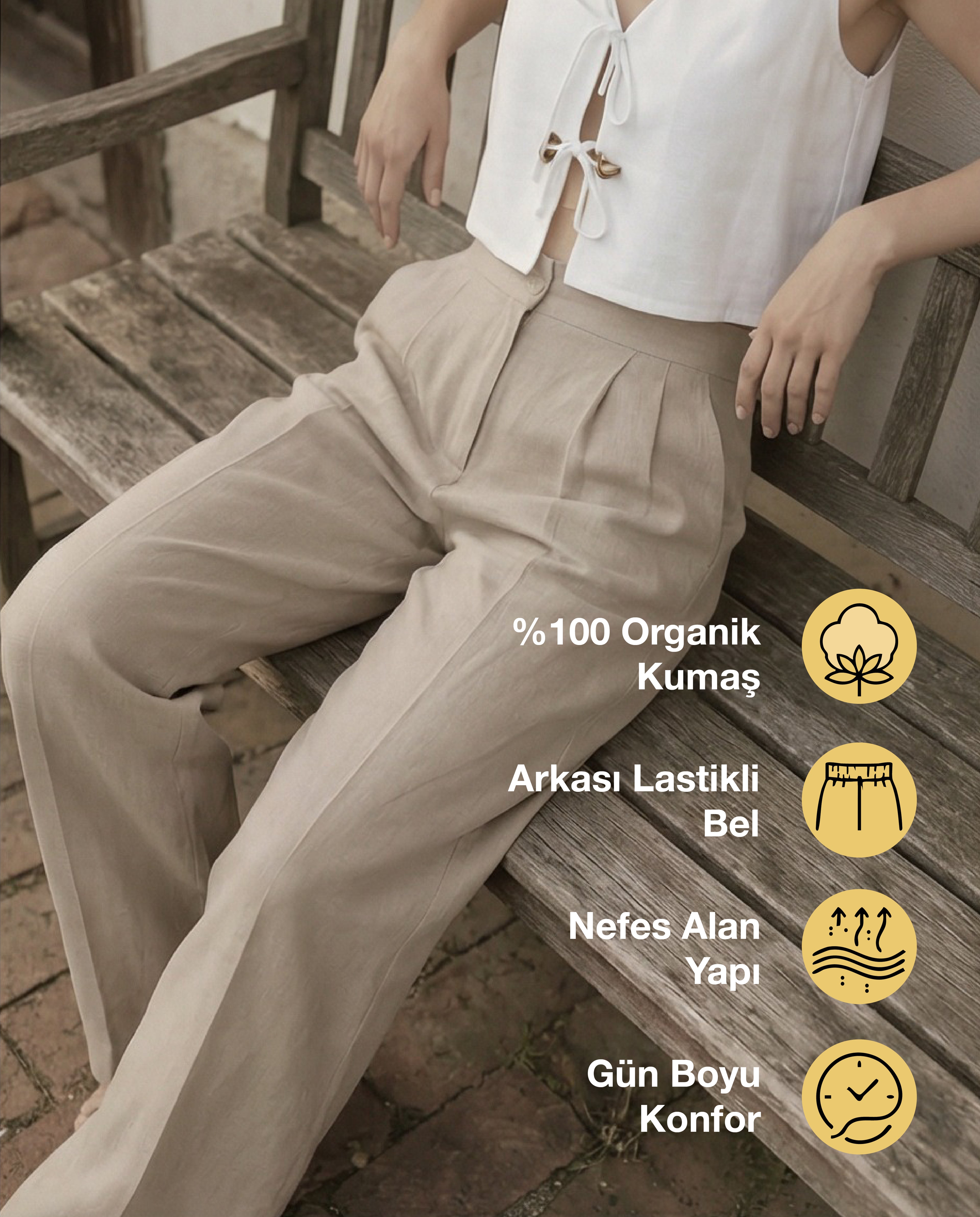%100 Organik Keten Yüksek Bel Pantolon