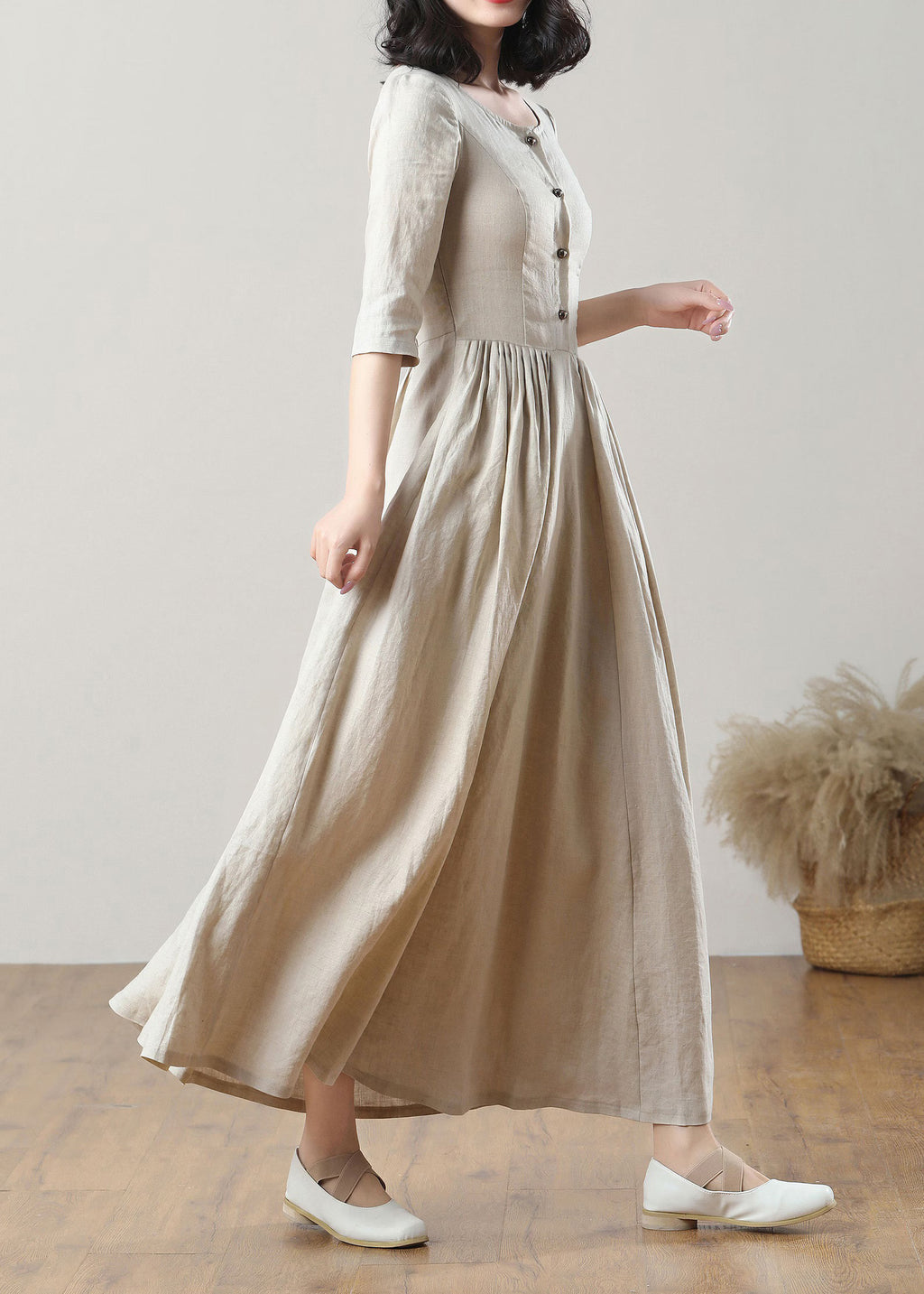 Açık Bej Retro %100 Organik Keten Elbise