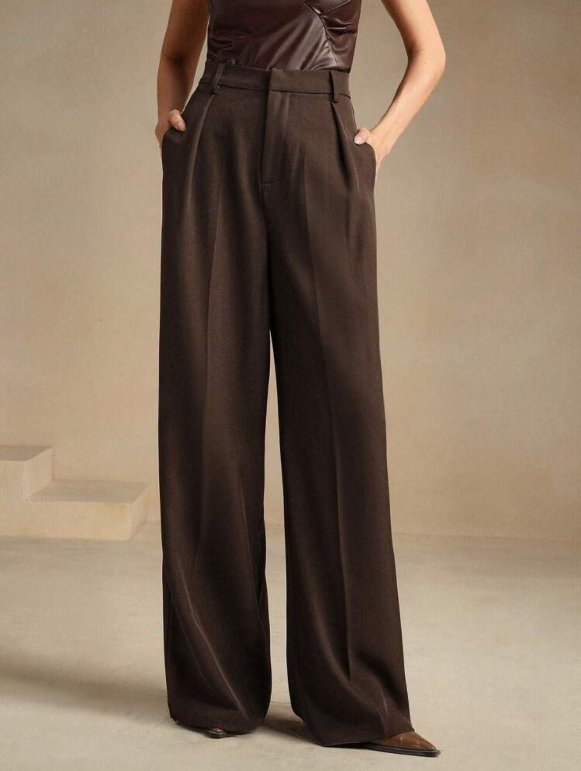 Kahve Yüksek Bel Bol Kesim Wide Leg Palazzo Pantolon