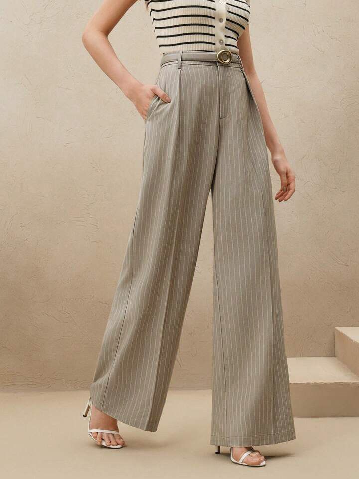 Çizgili Bej Premium Kumaş Yüksek Bel Bol Kesim Palazzo Pantolon