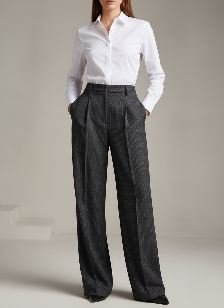 Antrasit Çizgili Premium Kumaş Yüksek Bel Palazzo Pantolon