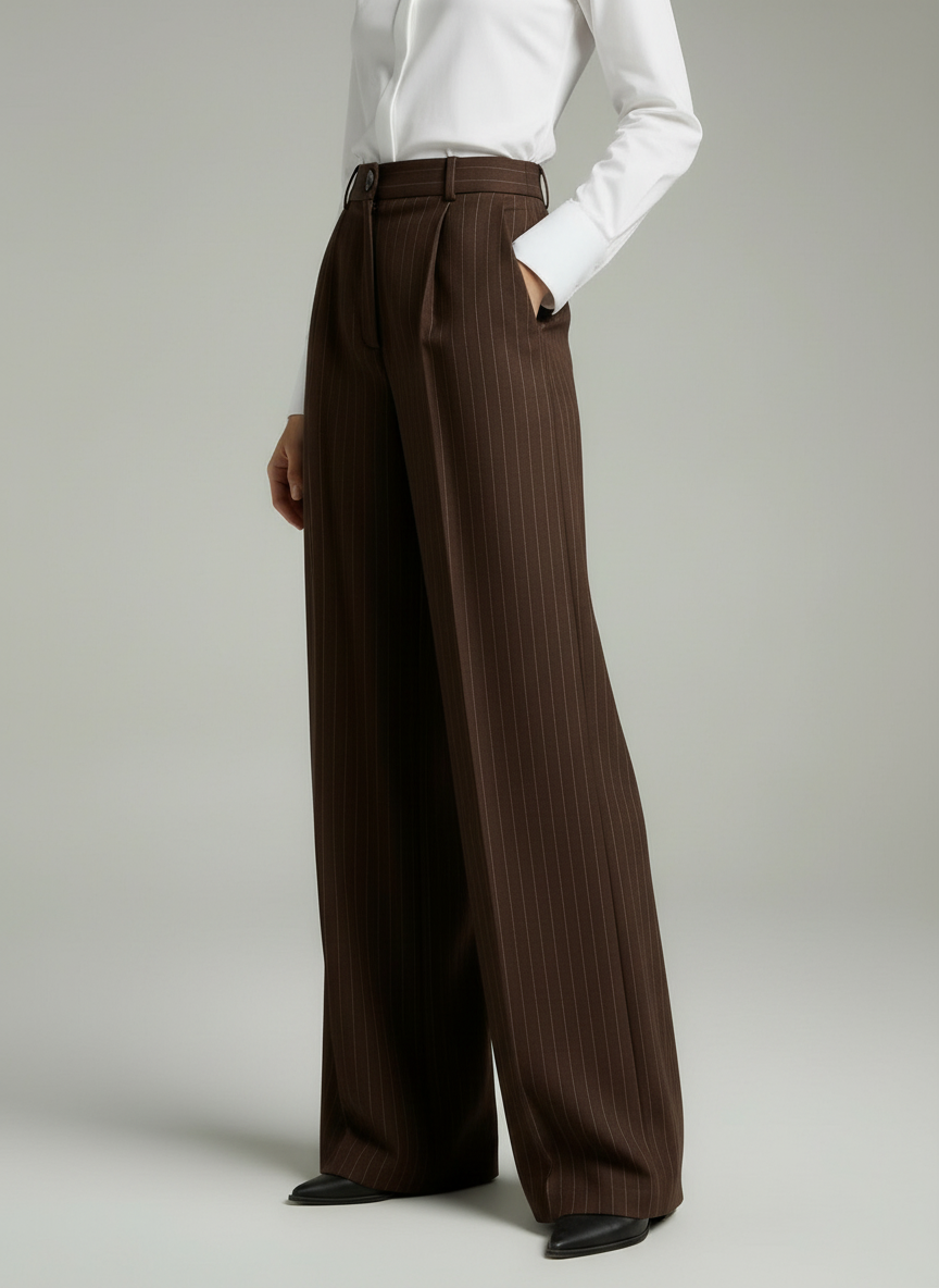 Kahve Çizgili Premium Kumaş Yüksek Bel Palazzo Pantolon