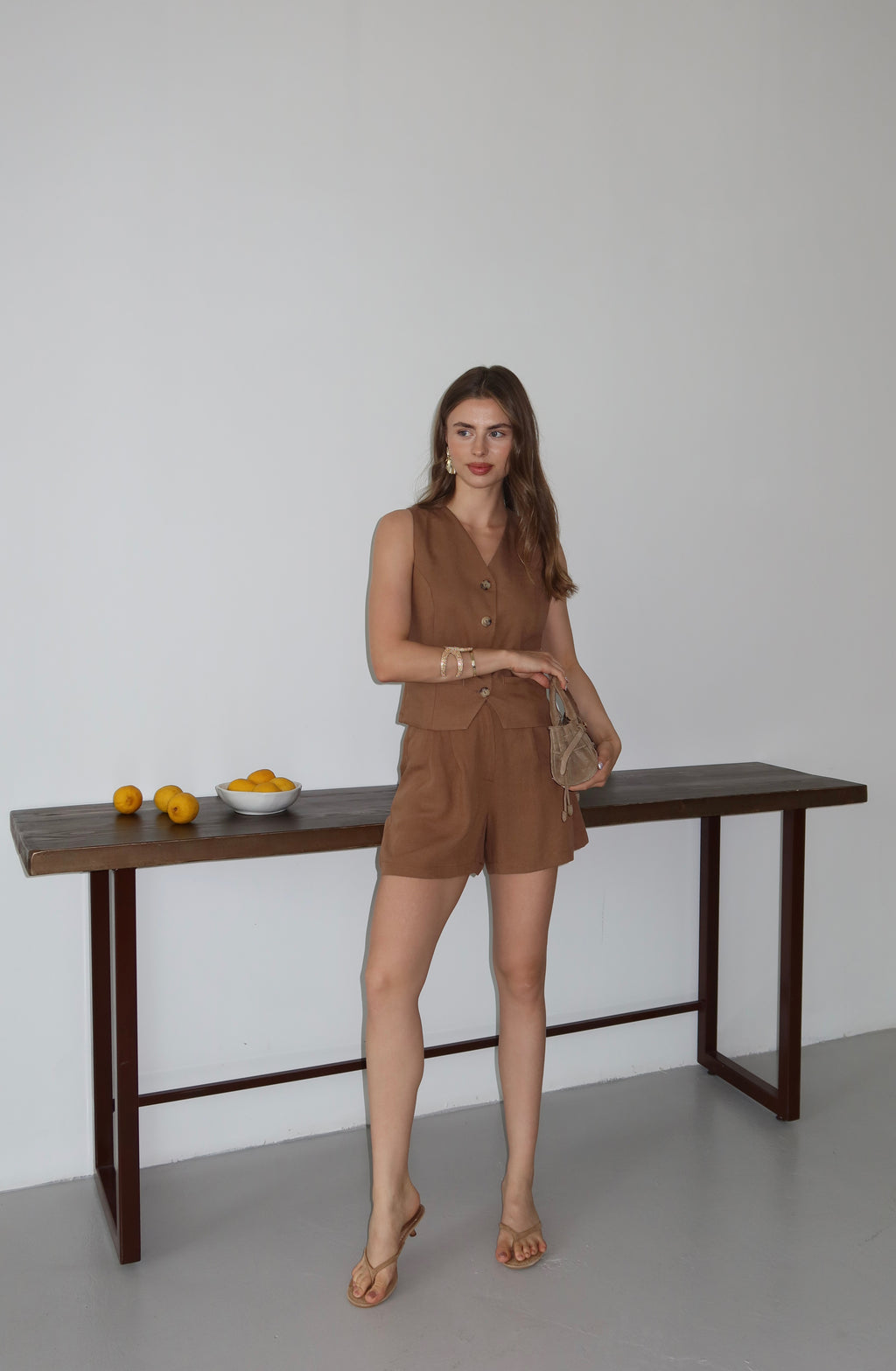 Camel %100 Organik Keten Yelek-Şort Takım