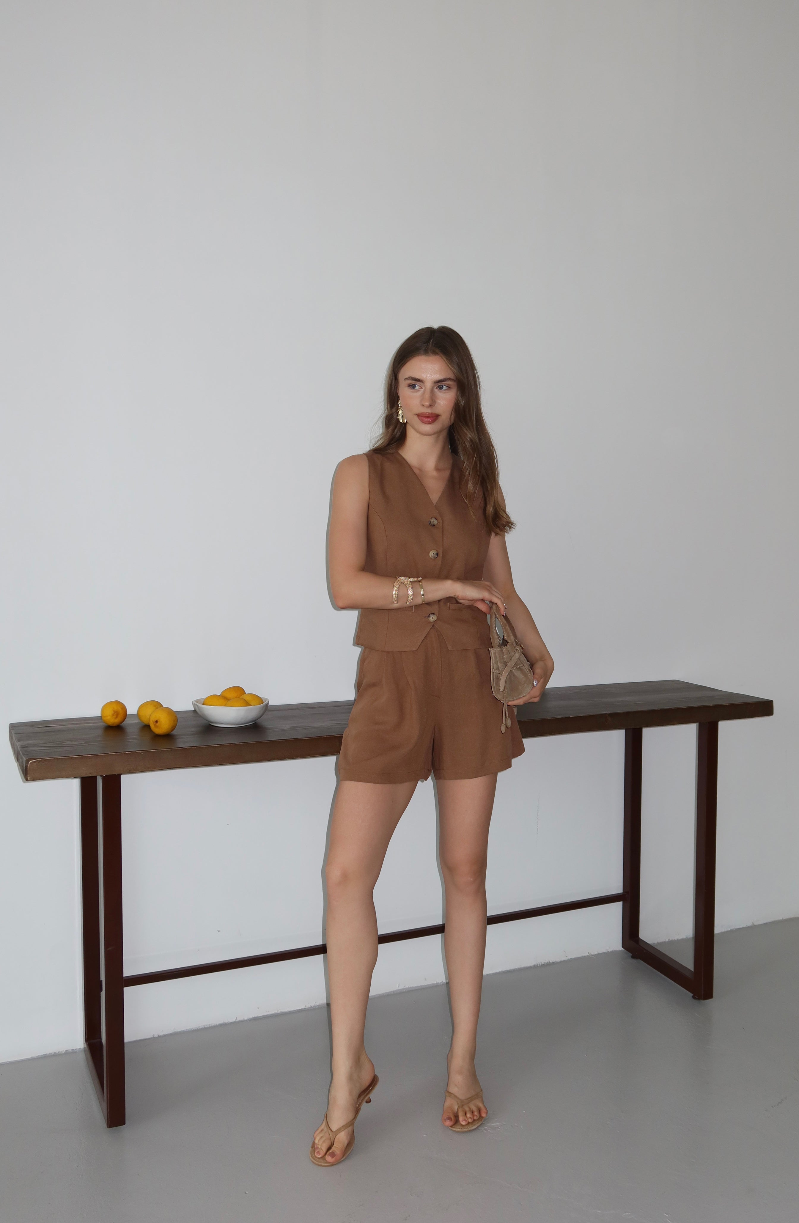 Camel %100 Organik Keten Yelek-Şort Takım