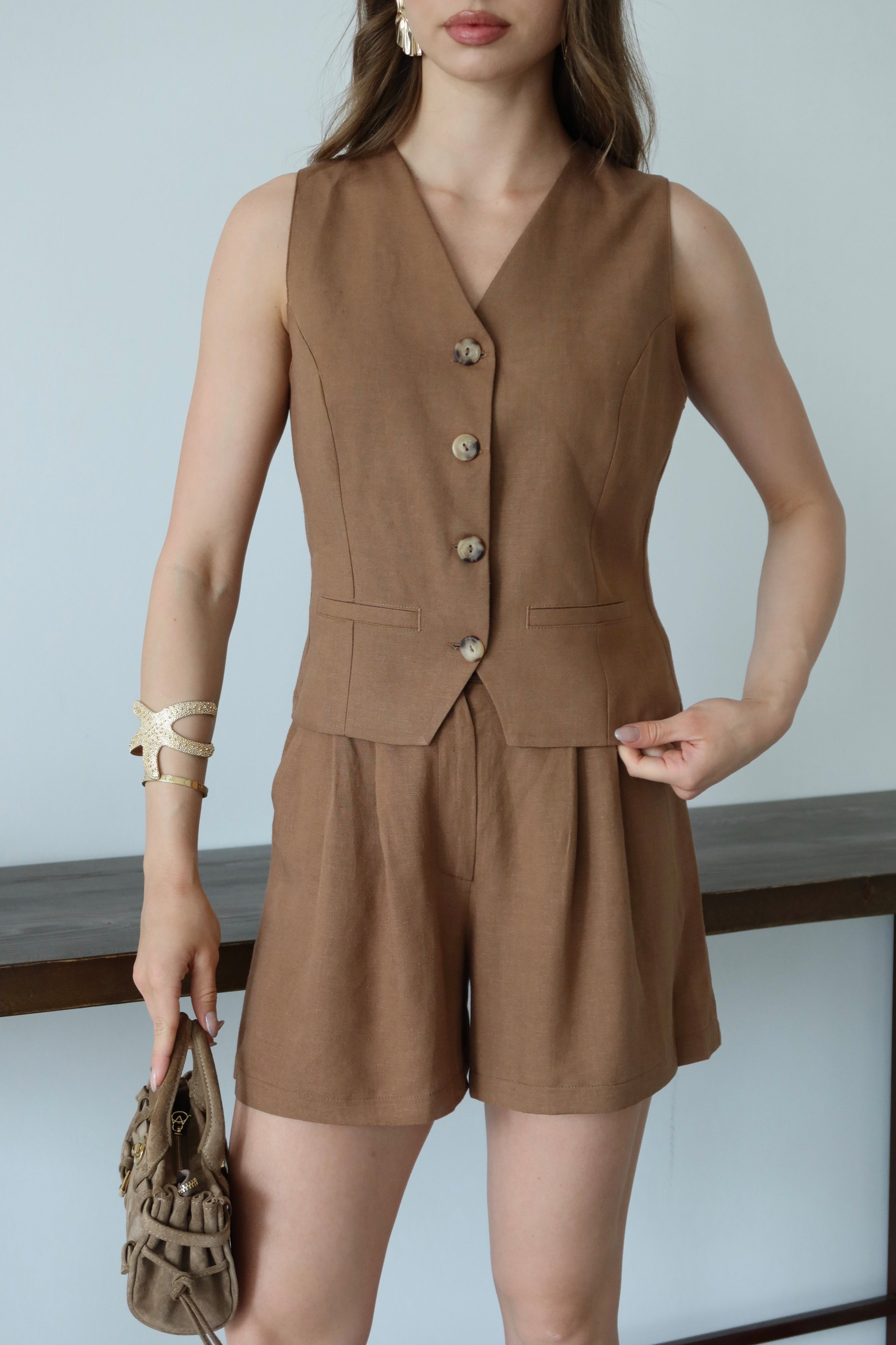 Camel %100 Organik Keten Yelek-Şort Takım