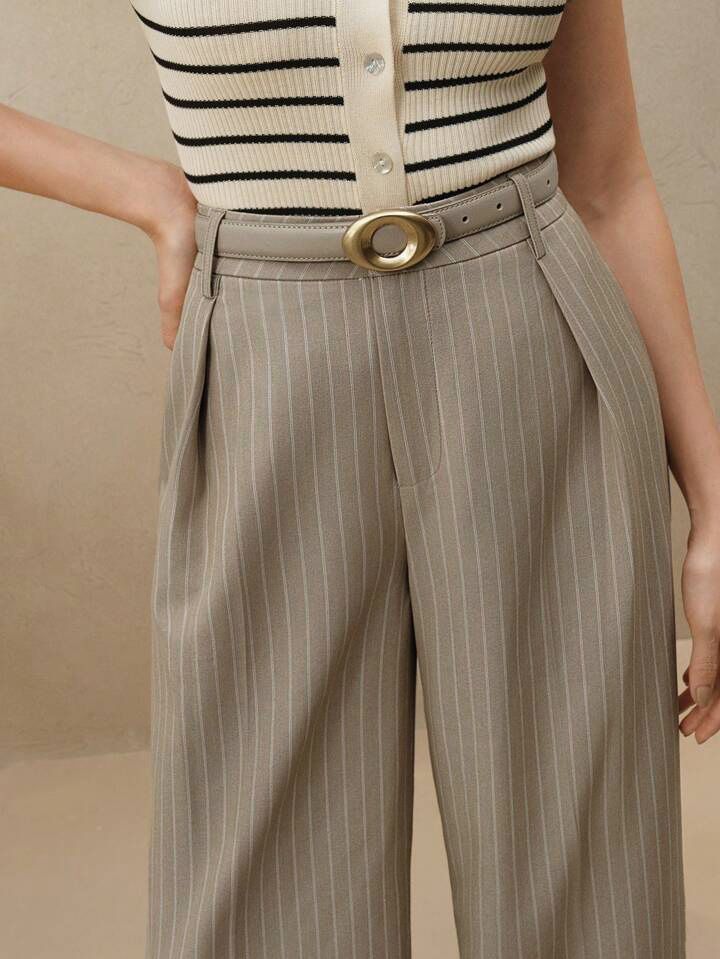 Çizgili Bej Premium Kumaş Yüksek Bel Bol Kesim Palazzo Pantolon