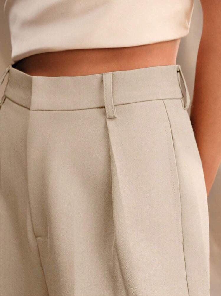 Bej Yüksek Bel Wide Leg Palazzo Pantolon