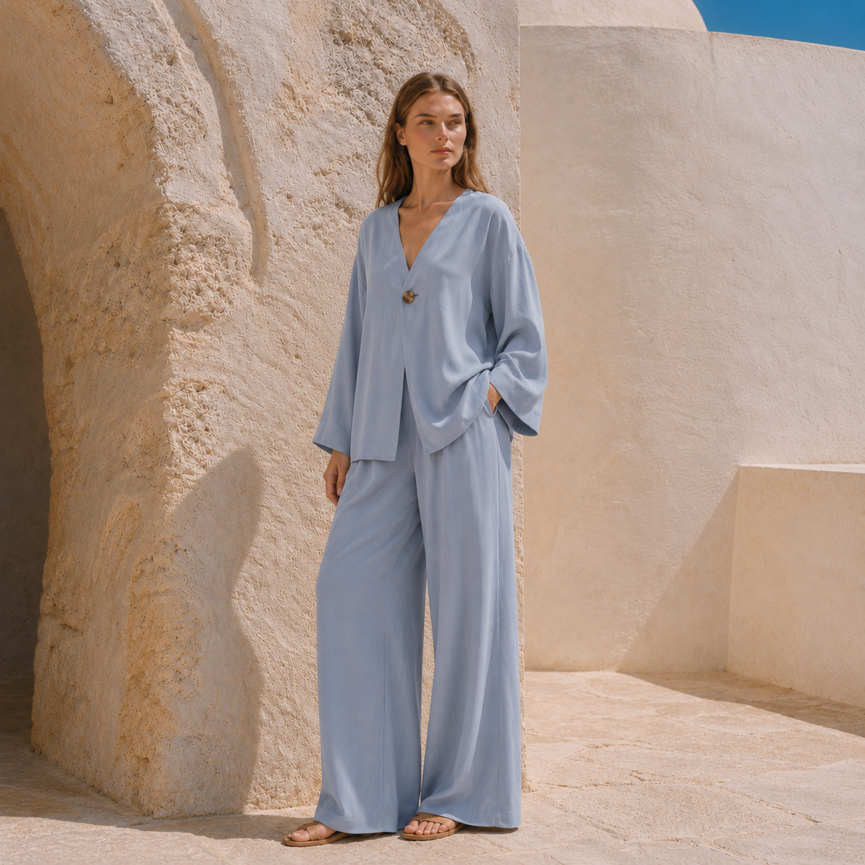 Soft Blue %100 Tencel Organik Pantolon Gömlek Takım