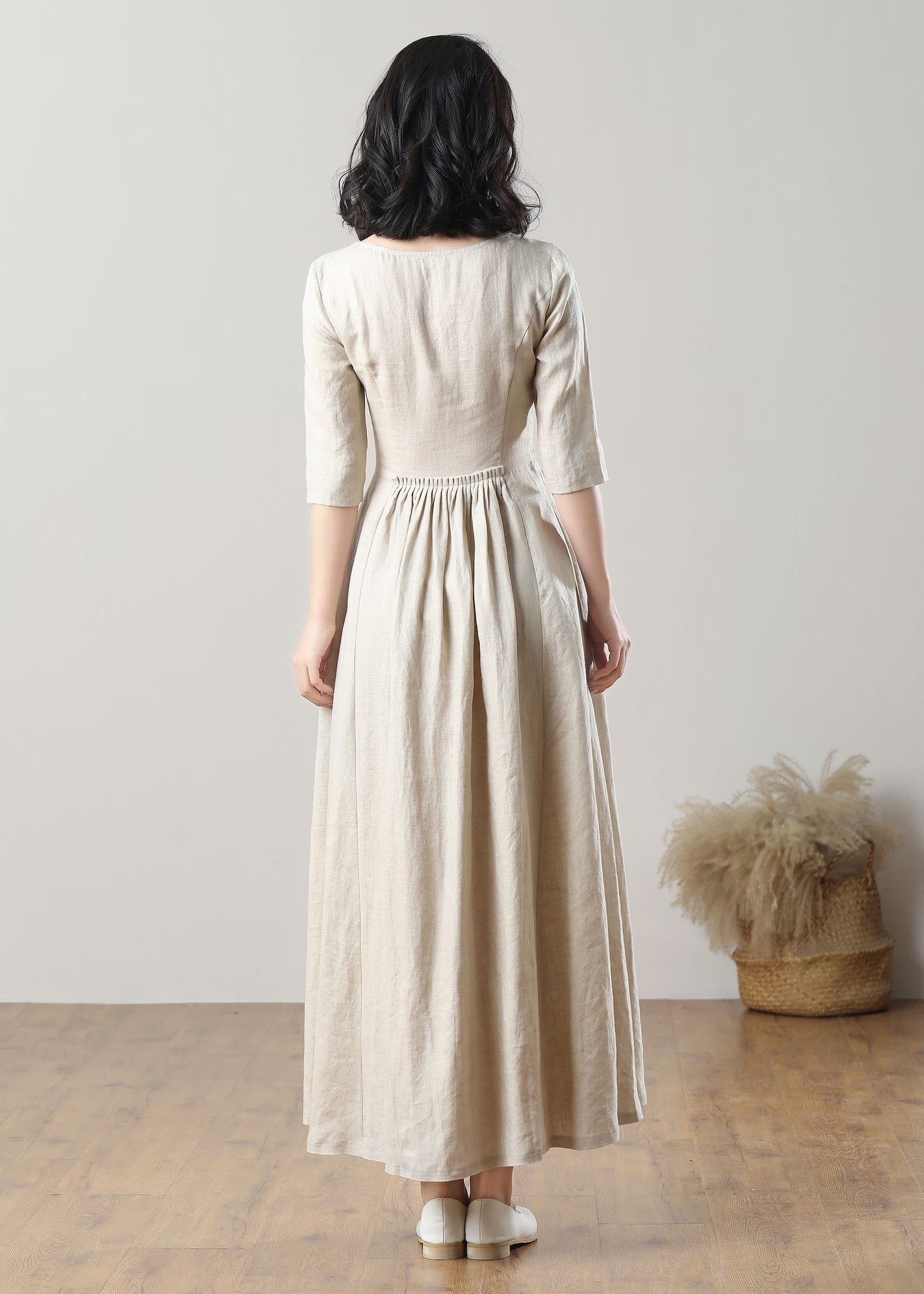 Açık Bej Retro %100 Organik Keten Elbise
