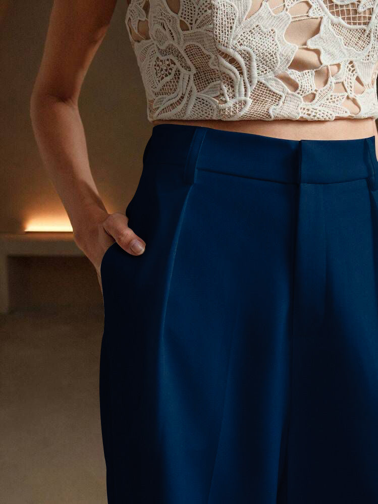 Lacivert Yüksek Bel Bol Kesim Wide Leg Palazzo Pantolon
